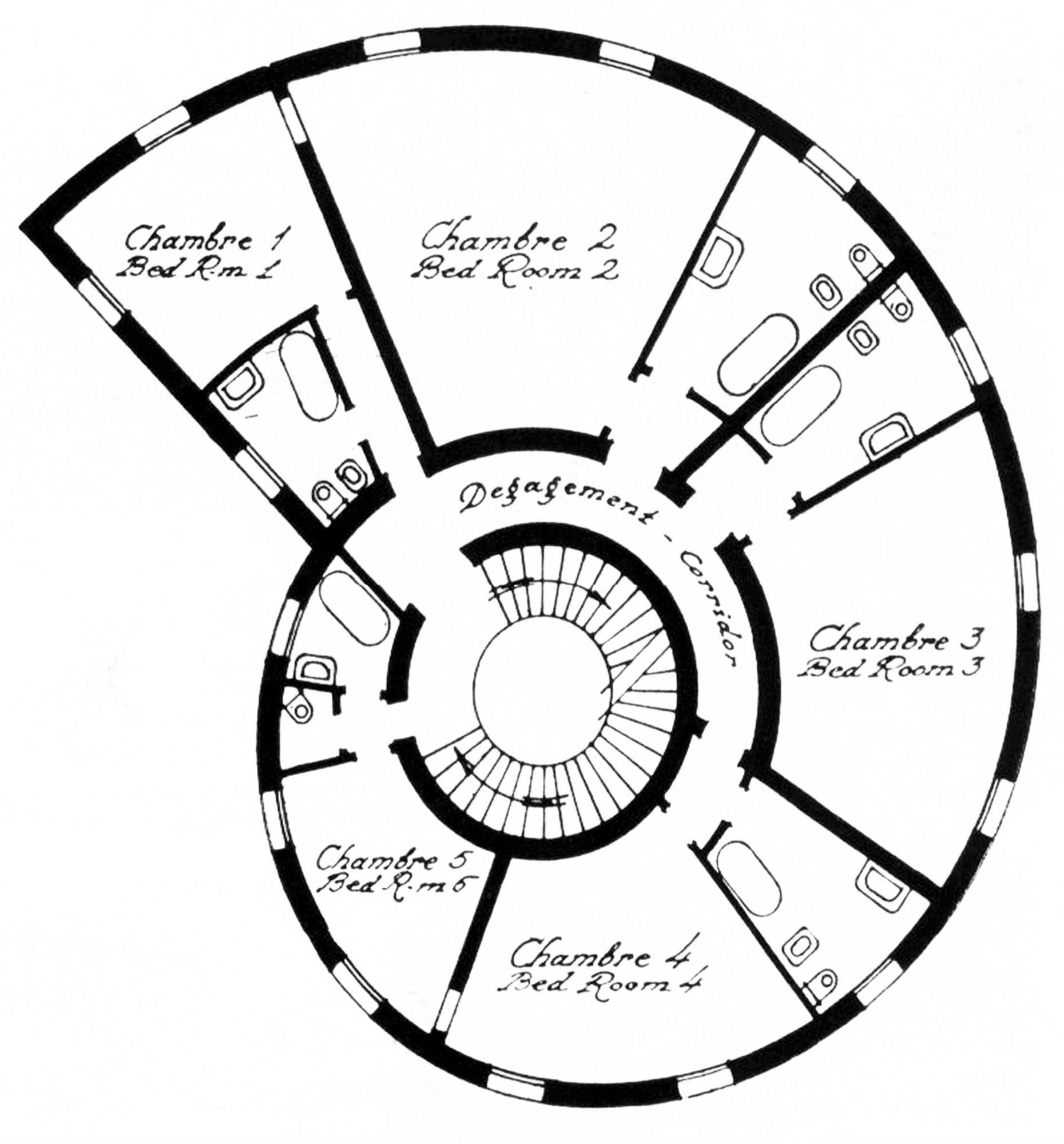 plan of a dwelling that is in the shape of a snail shell.