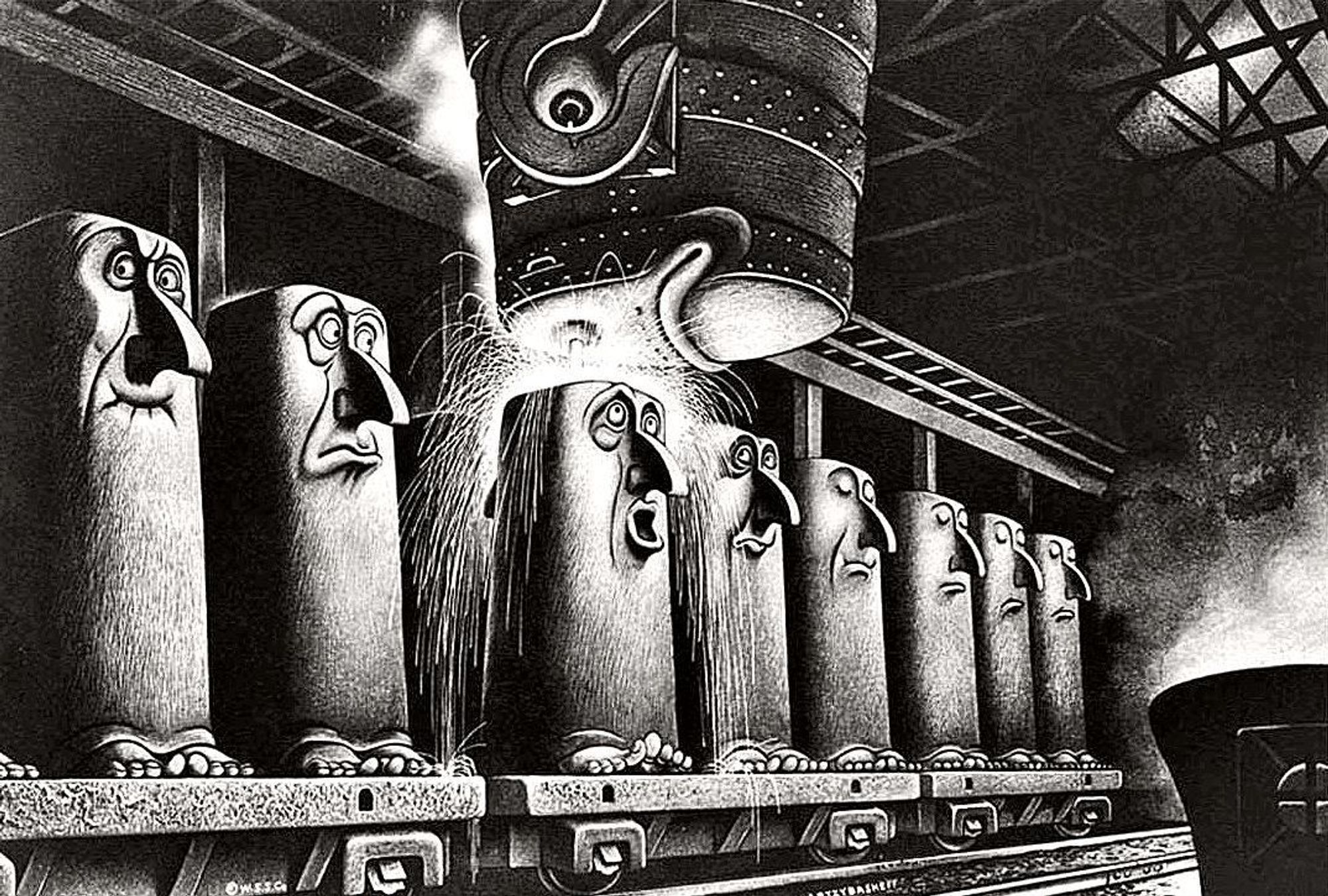 industrial equipment with faces a row of vessels are being filled with molten metal