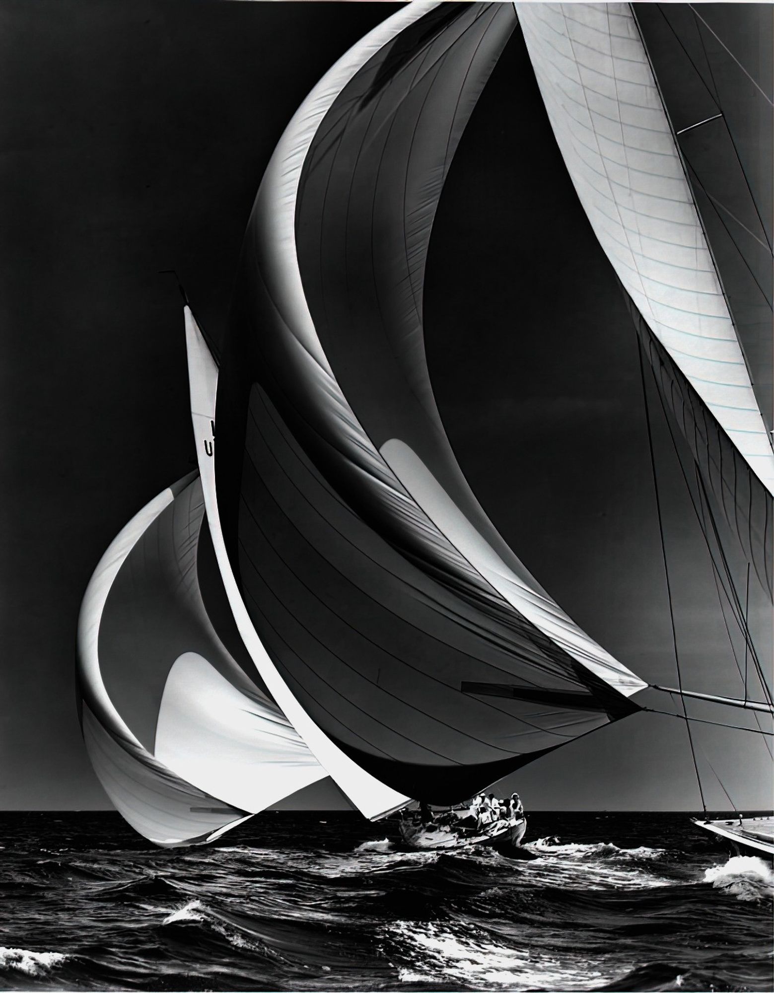 a close view of sail boats. Sails streched taught by the wind, they race over the choppy sea