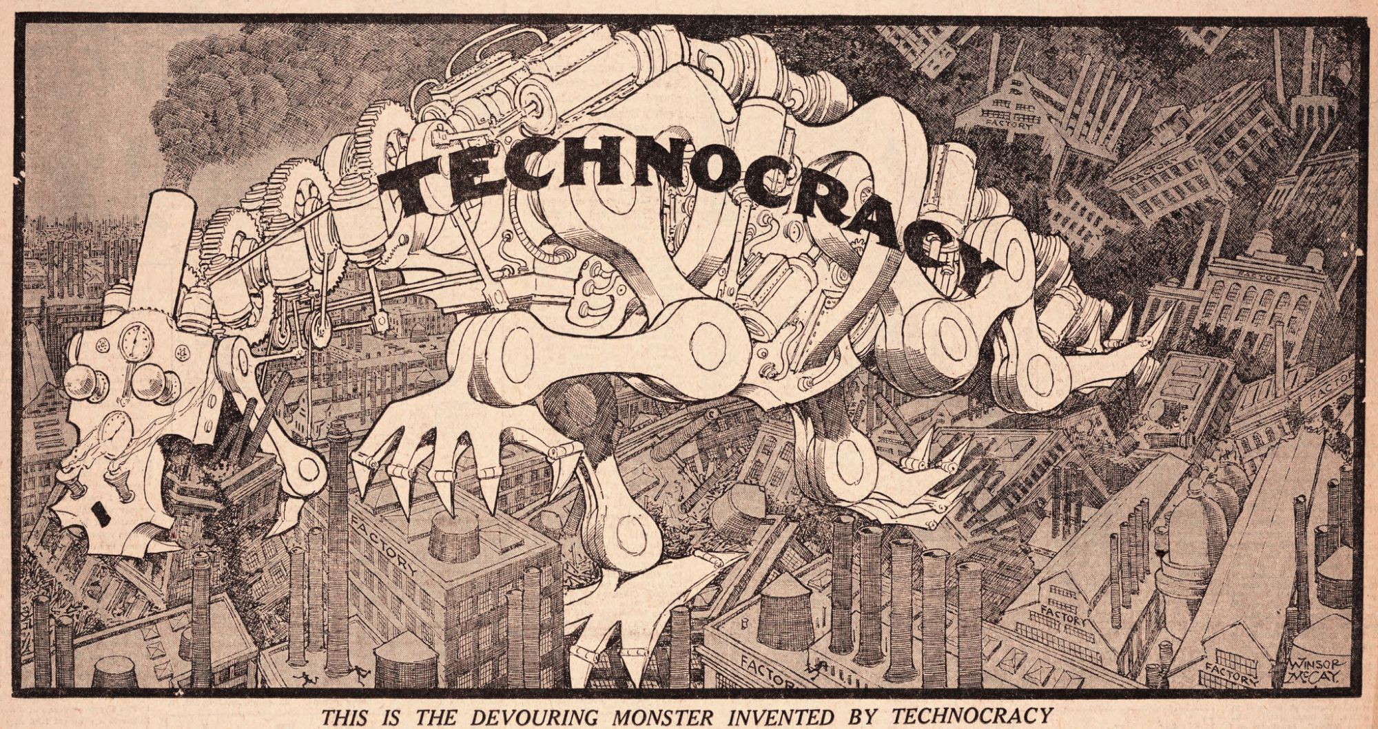 a giant mechanical monster devouring the city
this is the devouring monster invented by technocracy