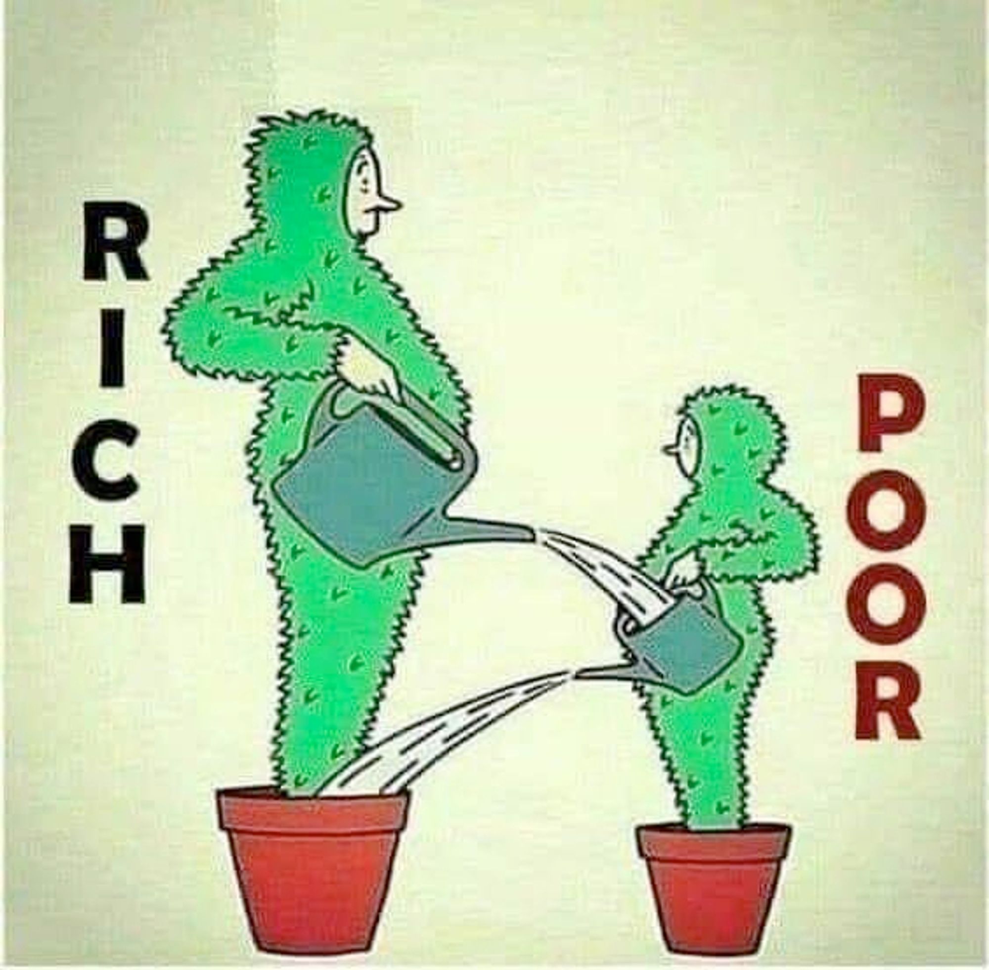 rich plant person watering a poor plant person's can which is watering the rich plant person