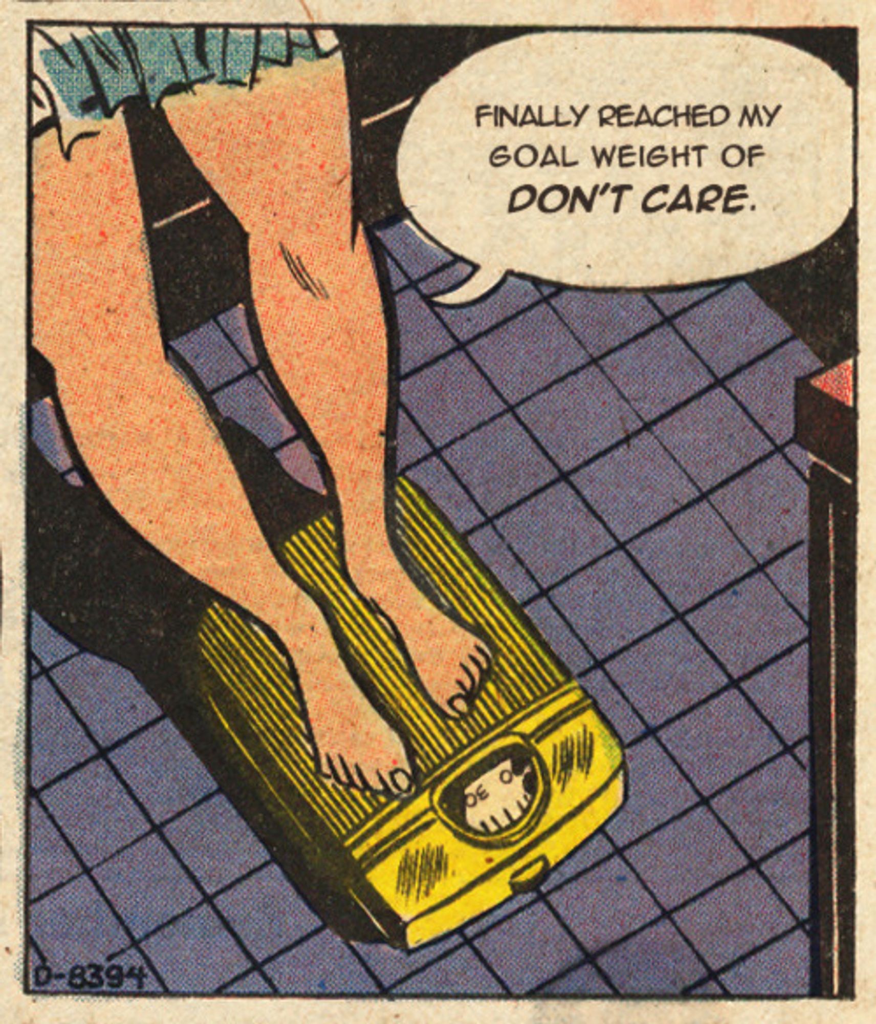 comic panel
a person weighing themself
'finally reached my goal weight of don't care'