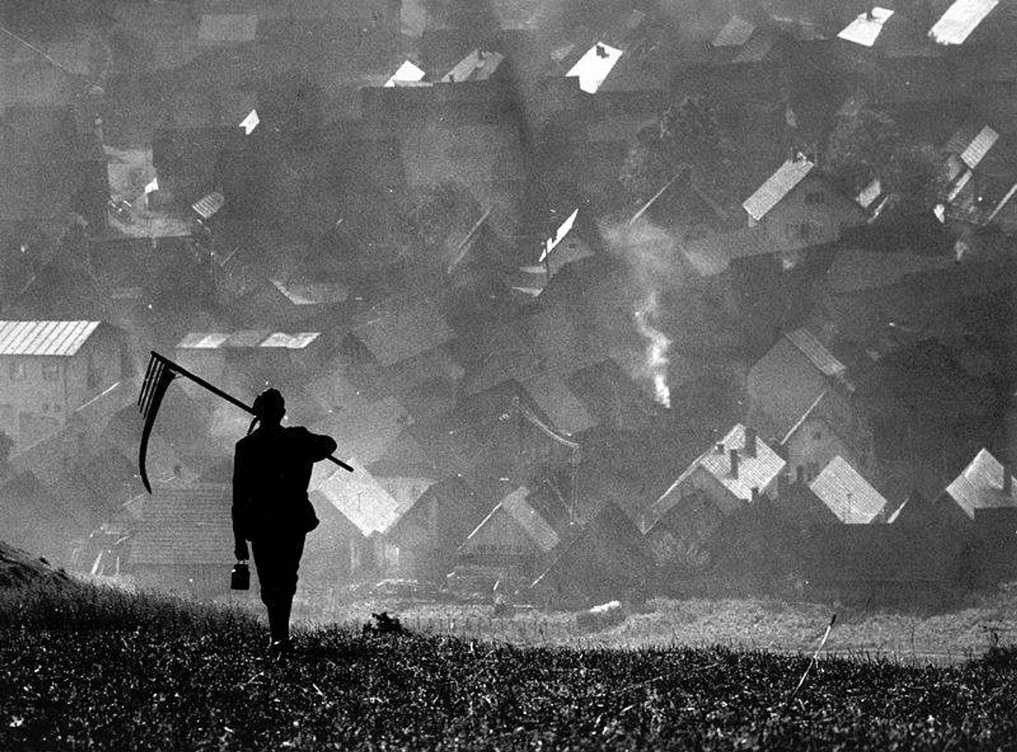 photo
a person carrying a scythe over one shoulder. They are walking towards a village, ansd smoke can be seen rising from the chimneys