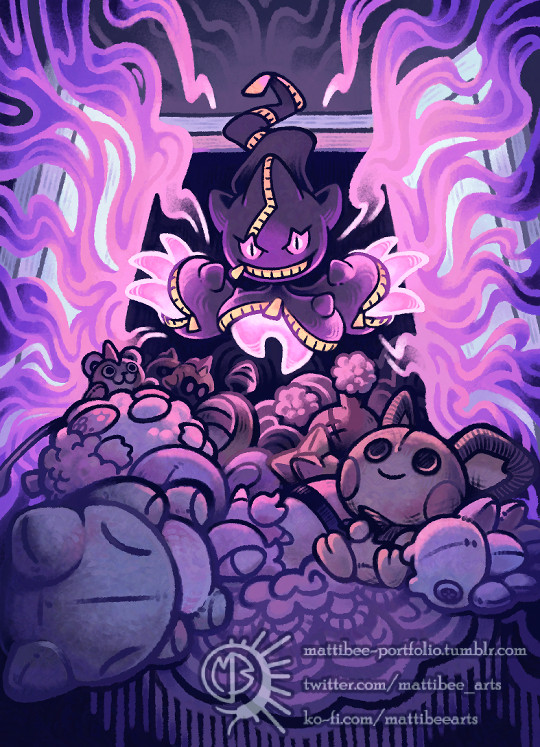 Colorful illustration of Mega Banette from Pokemon bursting out of a closet with lots of ghostly smoke. It looms menacingly over a large pile of forgotten plush toys.