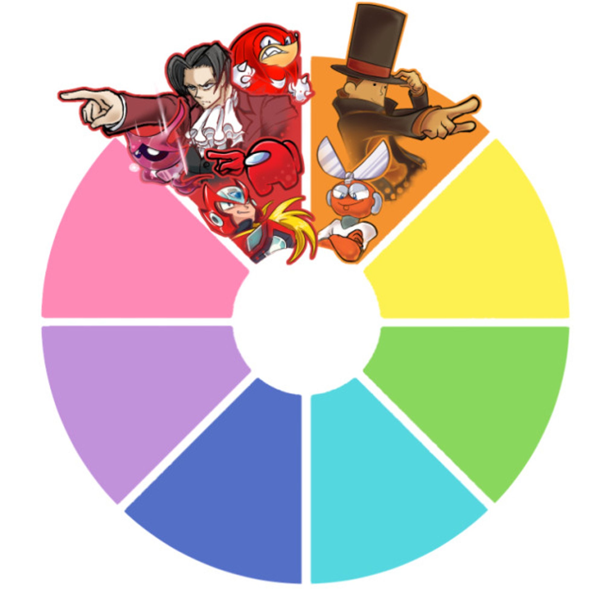 Color Wheel Character Art Challenge: A graph divided in 8 different colors, Red, Orange, Yellow, Green, Cyan, Blue, Purple and Pink, with the red slice hosting Miles Edgeworth (Ace Attorney Series), Red Crewmate (Among Us), Xero (Hollow Knight), Knuckles (Sonic the Hedgehog series), and Zero (Megaman X Series), and the orange slice hosting Professor Layton (Professor Layton Series) and Cut Man (Megaman Classic series)