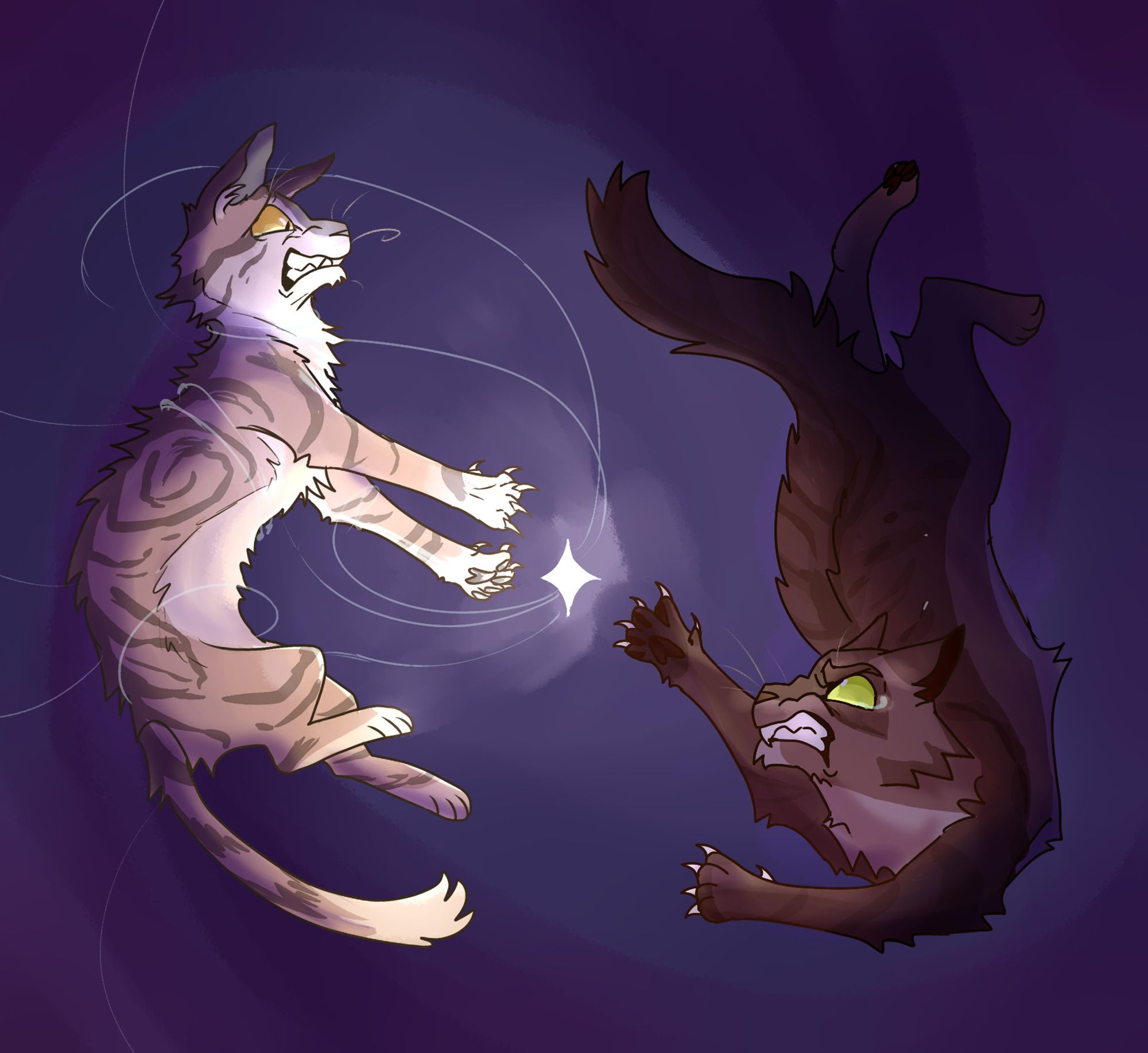 A drawing of Onewhisker and Mudclaw from Warrior Cats. They are floating in a dark void around a simplistic drawing of a star. They both look very upset, with Onewhisker being fearful and Mudclaw being furious, as they look at the star and each other. Onewhisker is attempting to push the star away from him but it is coiling thin tendrils of light around him to drag him in, and Mudclaw is attempting to reach up to grab the star while falling past it into shadows. End ID.