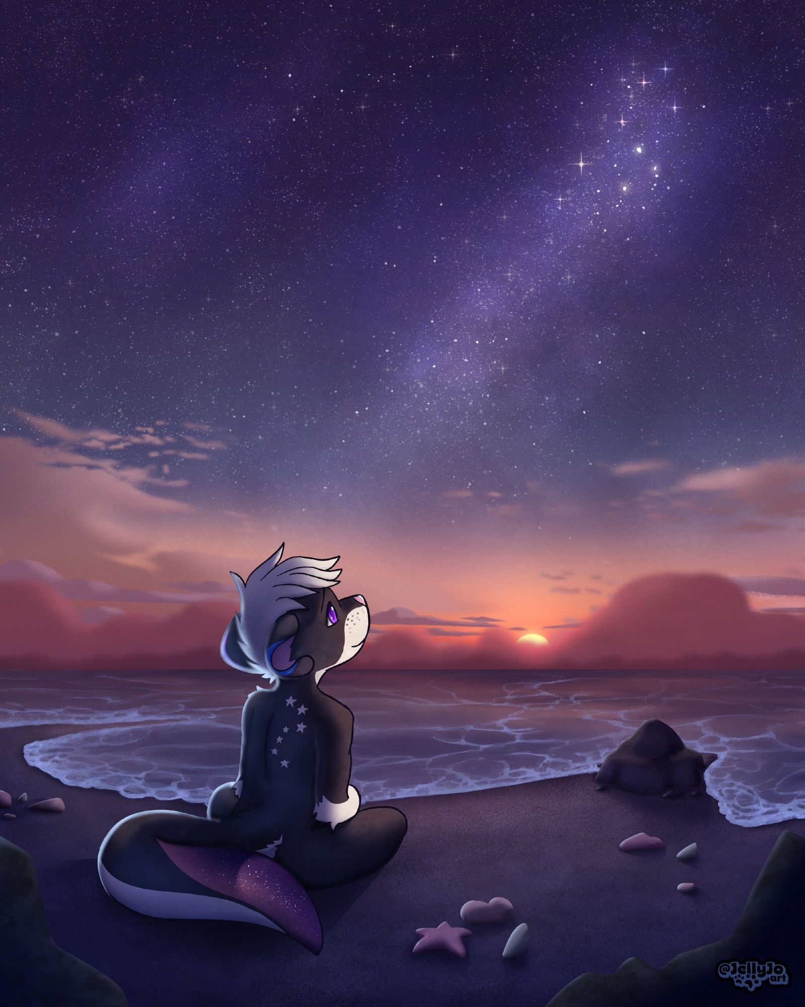 A cute otter sitting on a beach with a beautiful sunset and starry sky in the background