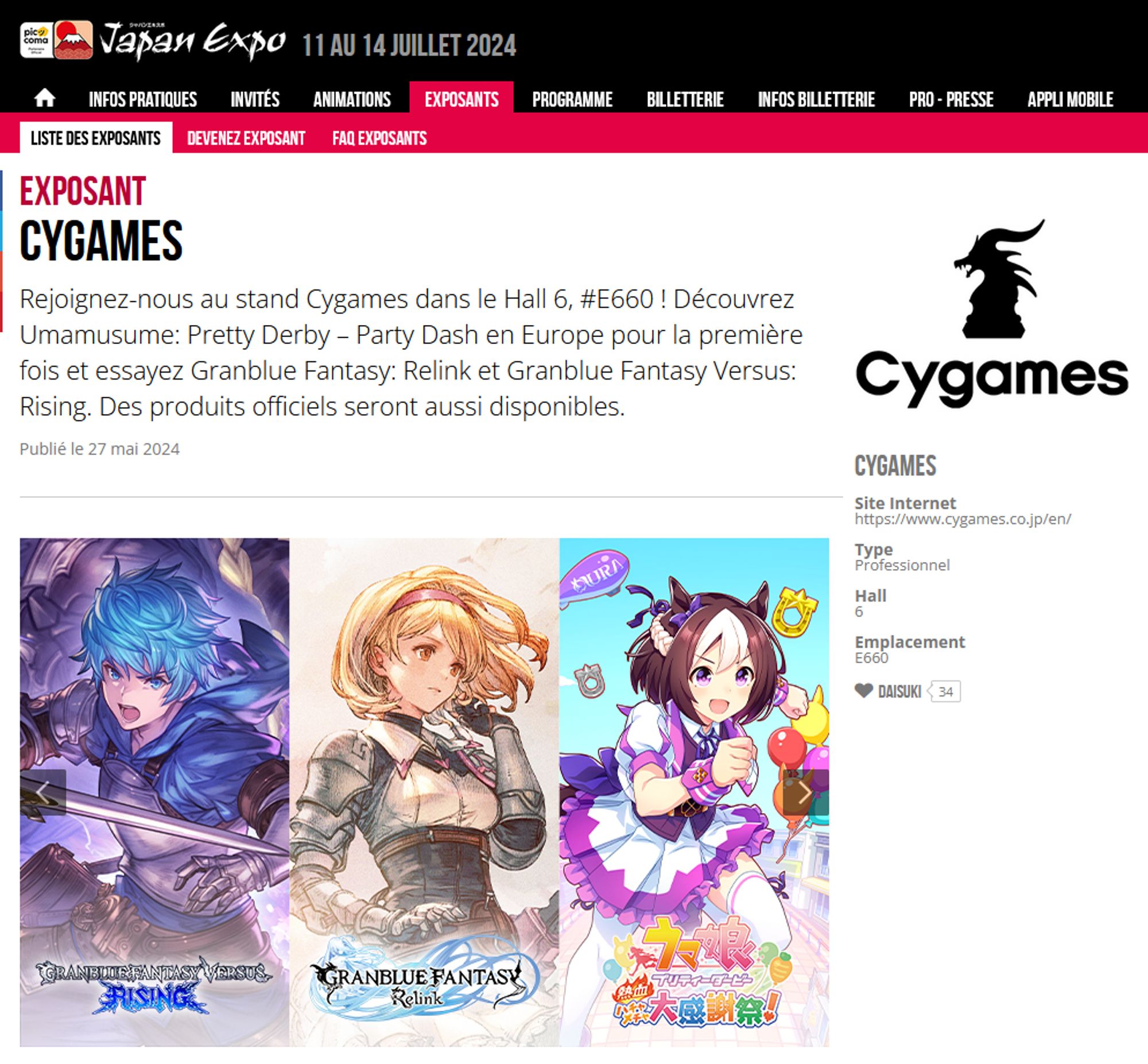 Capture d'écran du site officiel de Japan Expo, sur la page exposant de Cygames. Je cite : "Rejoignez-nous au stand Cygames dans le Hall 6, #E660 ! Découvrez Umamusume: Pretty Derby – Party Dash en Europe pour la première fois et essayez Granblue Fantasy: Relink et Granblue Fantasy Versus: Rising. Des produits officiels seront aussi disponibles."