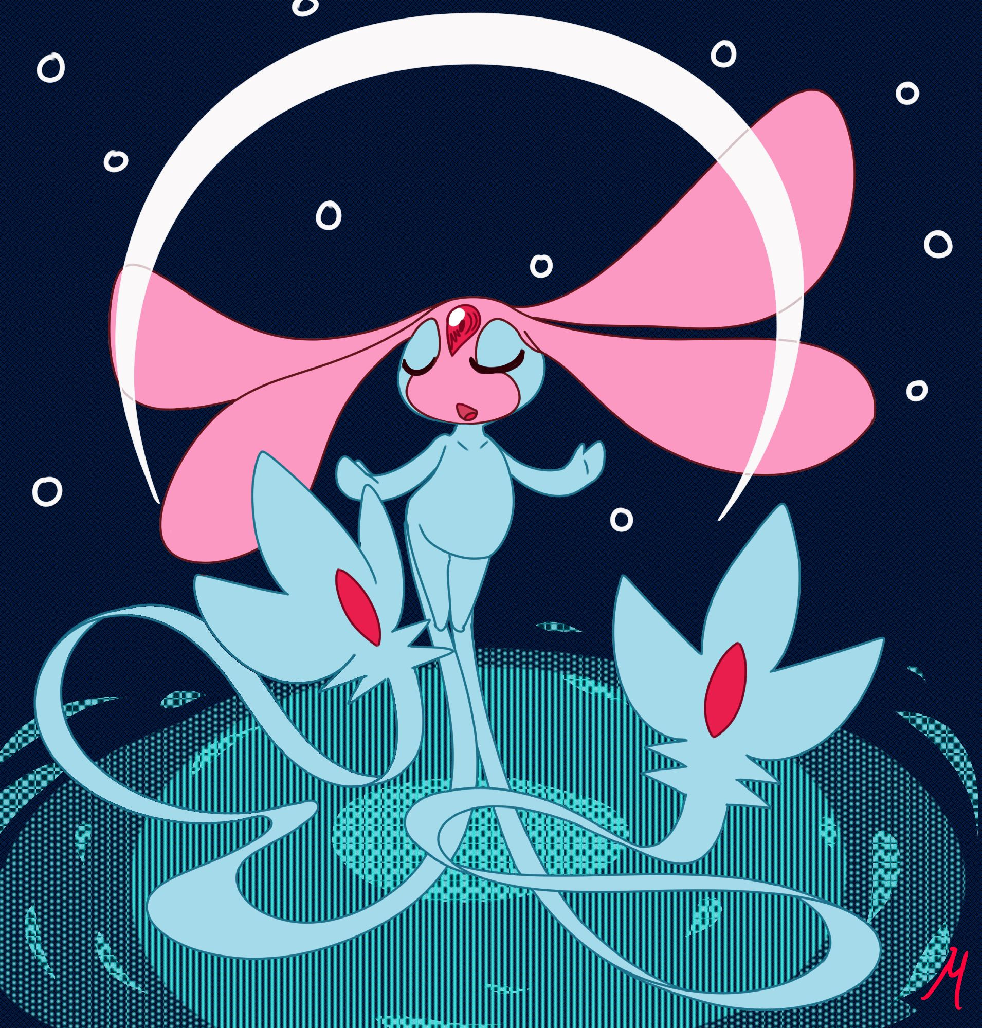 A picture of the Lake Guardian Mesprit, performing a song of some sort.