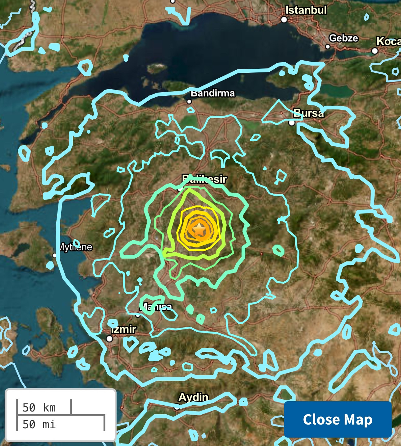 Map showing the earthquake center surround by semi concentric lines of different colors, indicating the amount of shaking in different areas