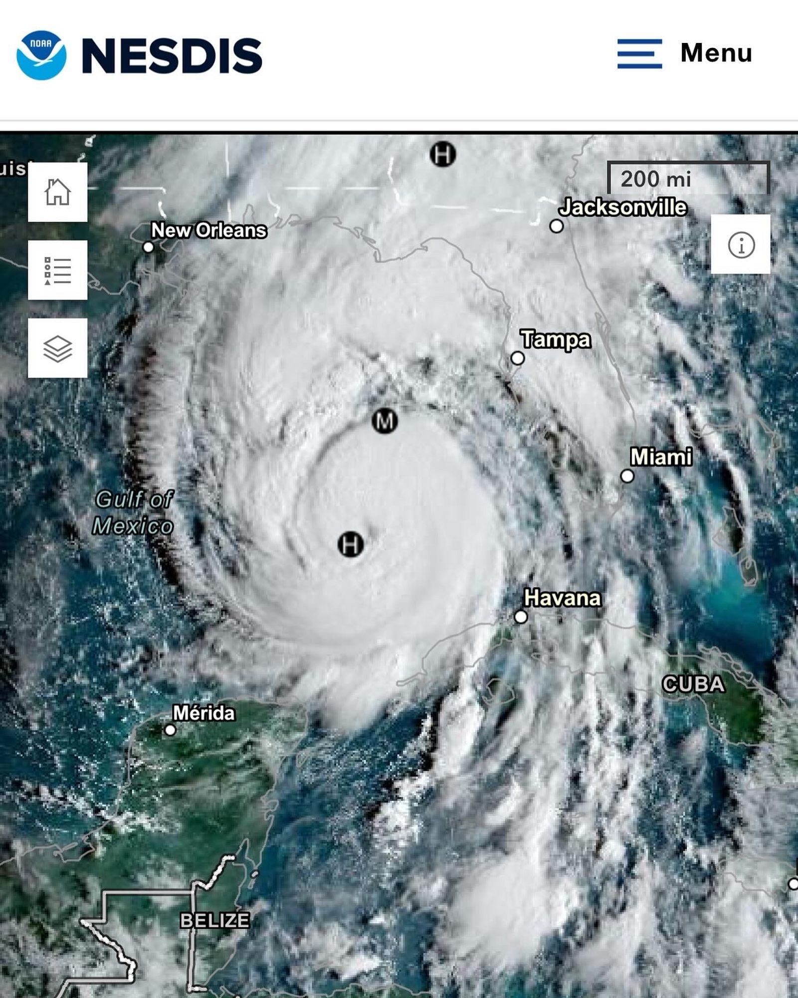 Map showing the satellite image of hurricane Helene as it approaches Florida from the Gulf Coast side