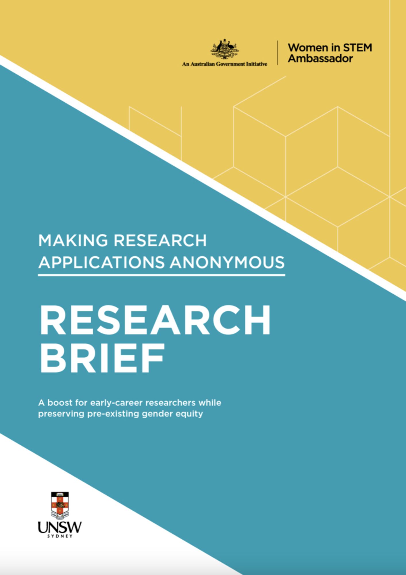 Cover image for the Research Brief: Making Research Applications Anonymous: A boost for early-career researchers while preserving pre-existing gender equity. The cover page includes logos for the Women in STEM Ambassador and UNSW Sydney.