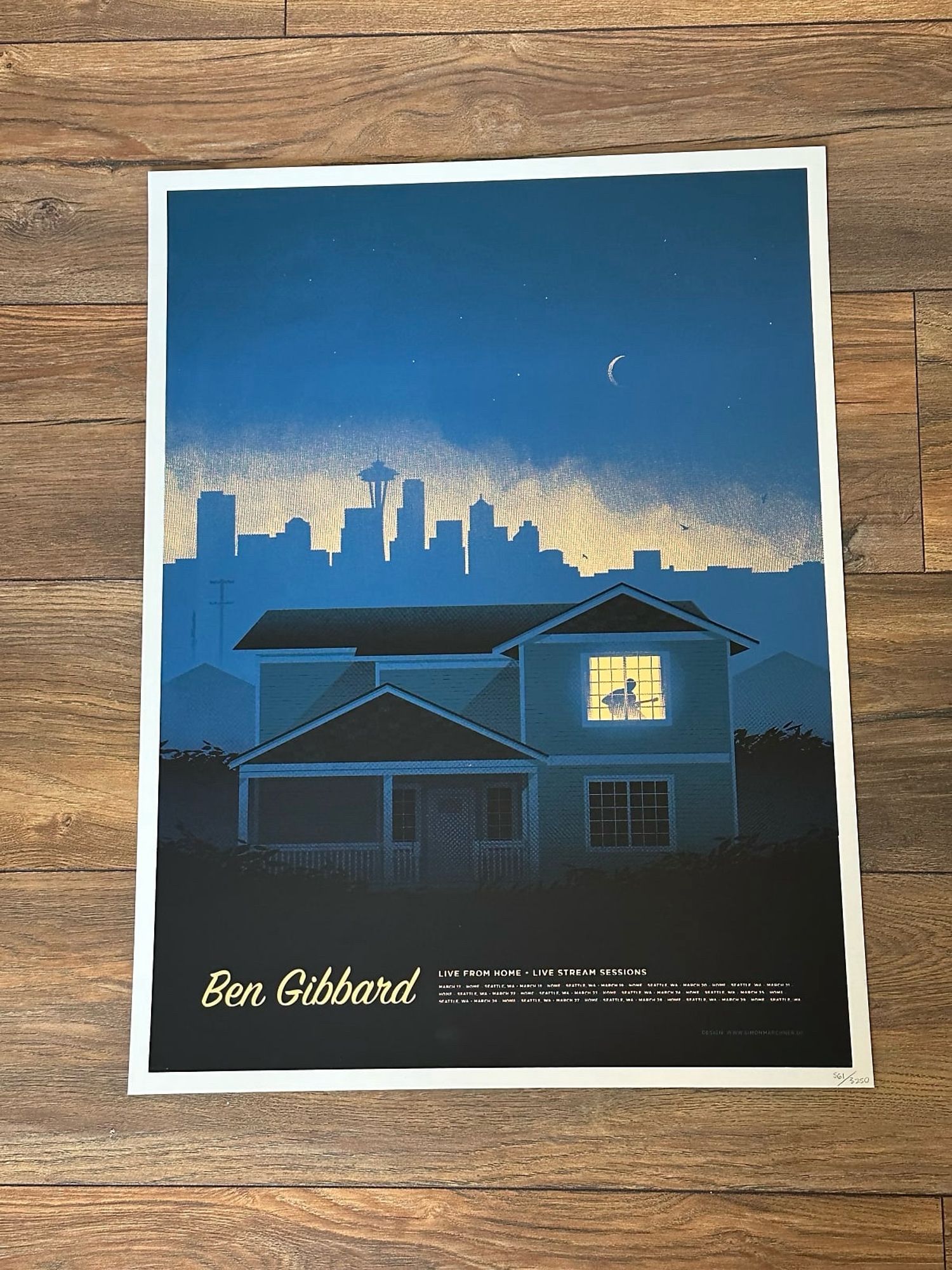 poster of Ben Gibbard’s Live From Home: Live Stream Seasions. It features a two-story single family home in front of a silhouette of the Seattle skyline under a starry night sky. Locations listed are just “Seattle, WA” listed a couple dozens times.