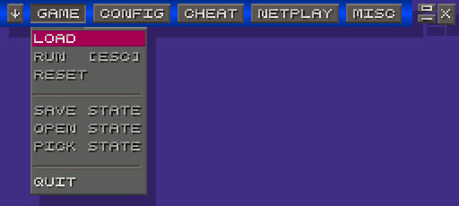 The Game menu from the SNES emulator, ZSNES. For young people, this was like landing on the moon for being able to emulate SNES games. That is old people slang for Super Nintendo games