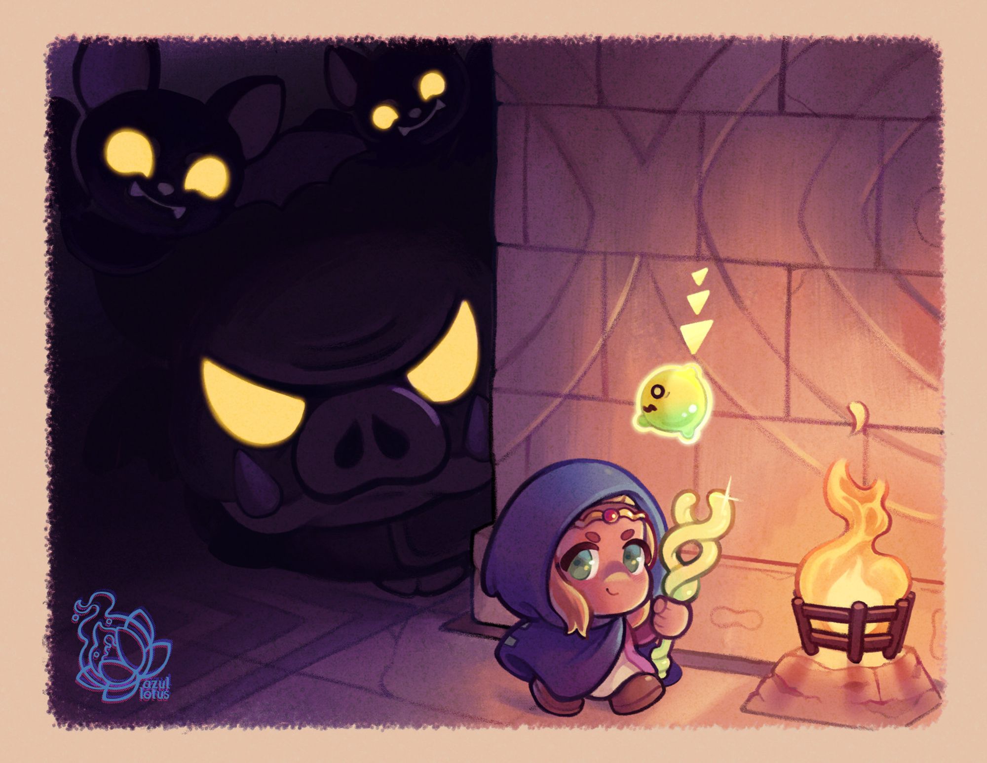 Fanart illustration for The Legend of Zelda: Echoes of Wisdom. Zelda is turning away from a dark corner in a dungeon and there are lurkers in the shadows. Tri is scared and their triangles are straight up making their body like a big exclamation mark. There is a torch casting a warm light contrasting the purple, cold shadows.