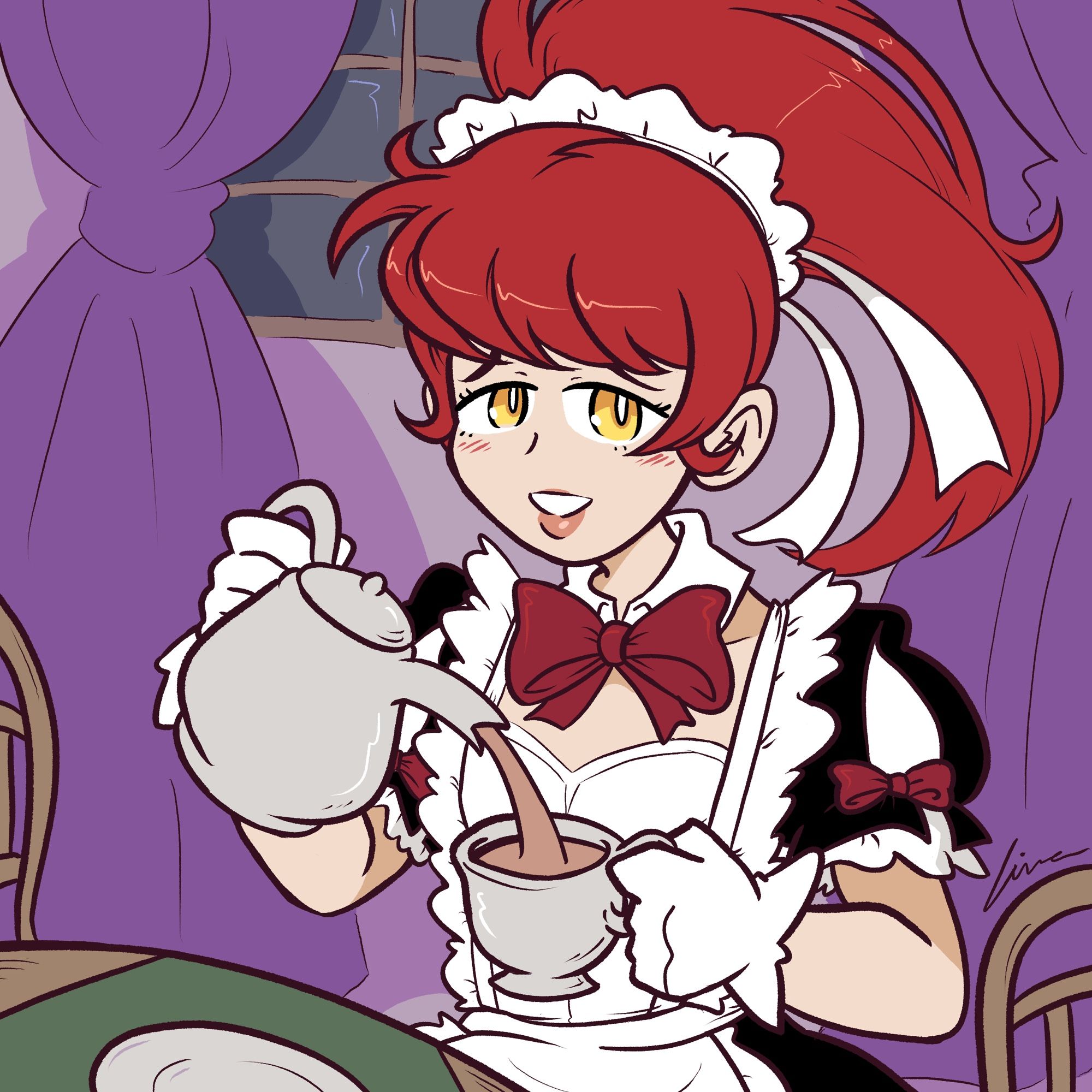 Rin, a boy with red hair and yellow eyes, wears a maid outfit and pours tea into a cup.