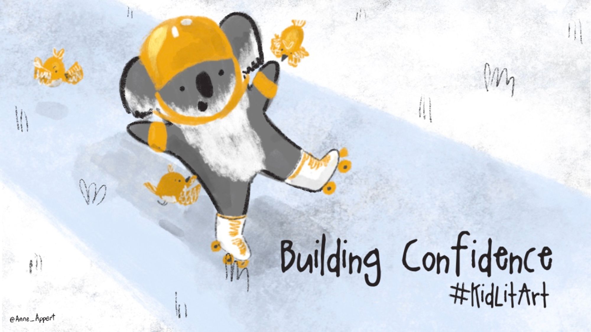 Illustration of a koala bear learning how to roller skate. Text reads Building Confidence #kidlitart