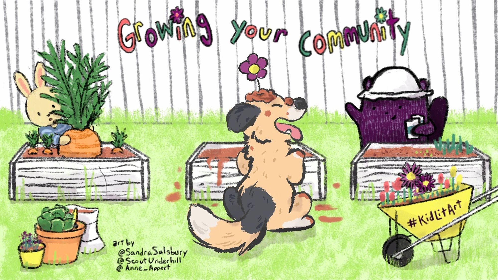 illustration of a dog, bunny and beaver doing some gardening at raised beds. words say Growing Your Community, #kidlitart