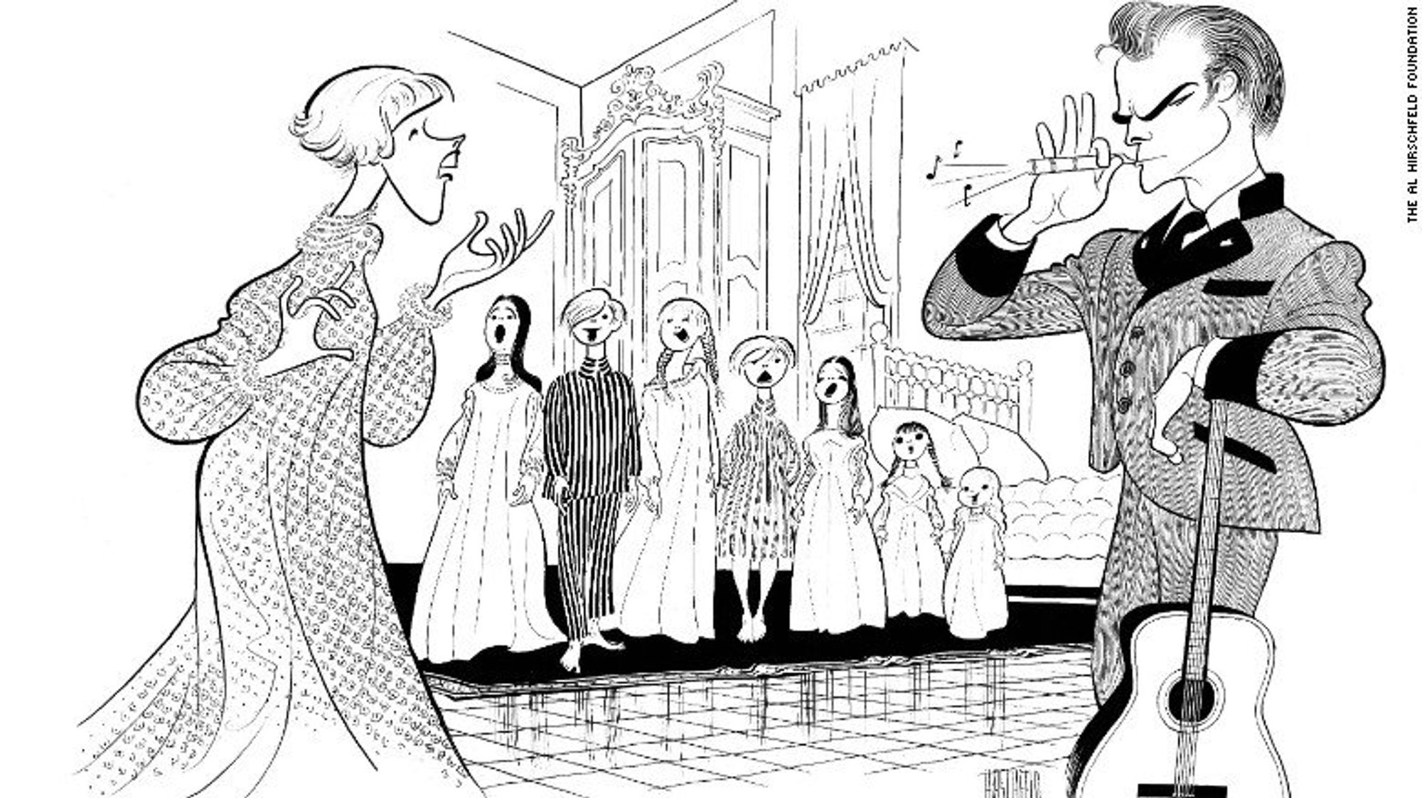 A caricature of the cast of The Sound of Music.

Maria sings to the Baron, while the children stand in a line behind them, singing as well.  The Baron leans on his guitar & tweets a pitch pipe.