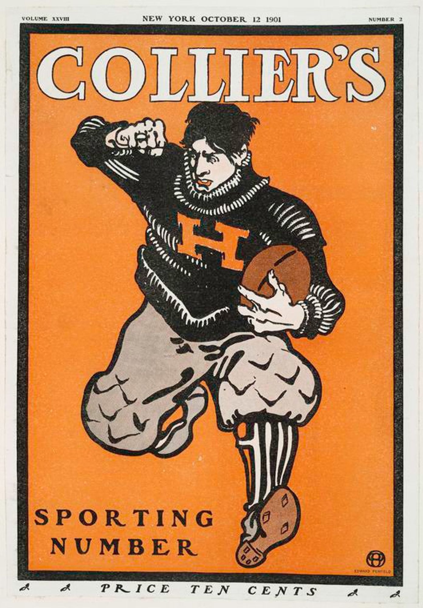 Magazine cover:

Collier's Sporting Number
Price Ten Cents

A football player carries the ball & runs towards us. He wears an "H" on his sweater, and has no helmet.