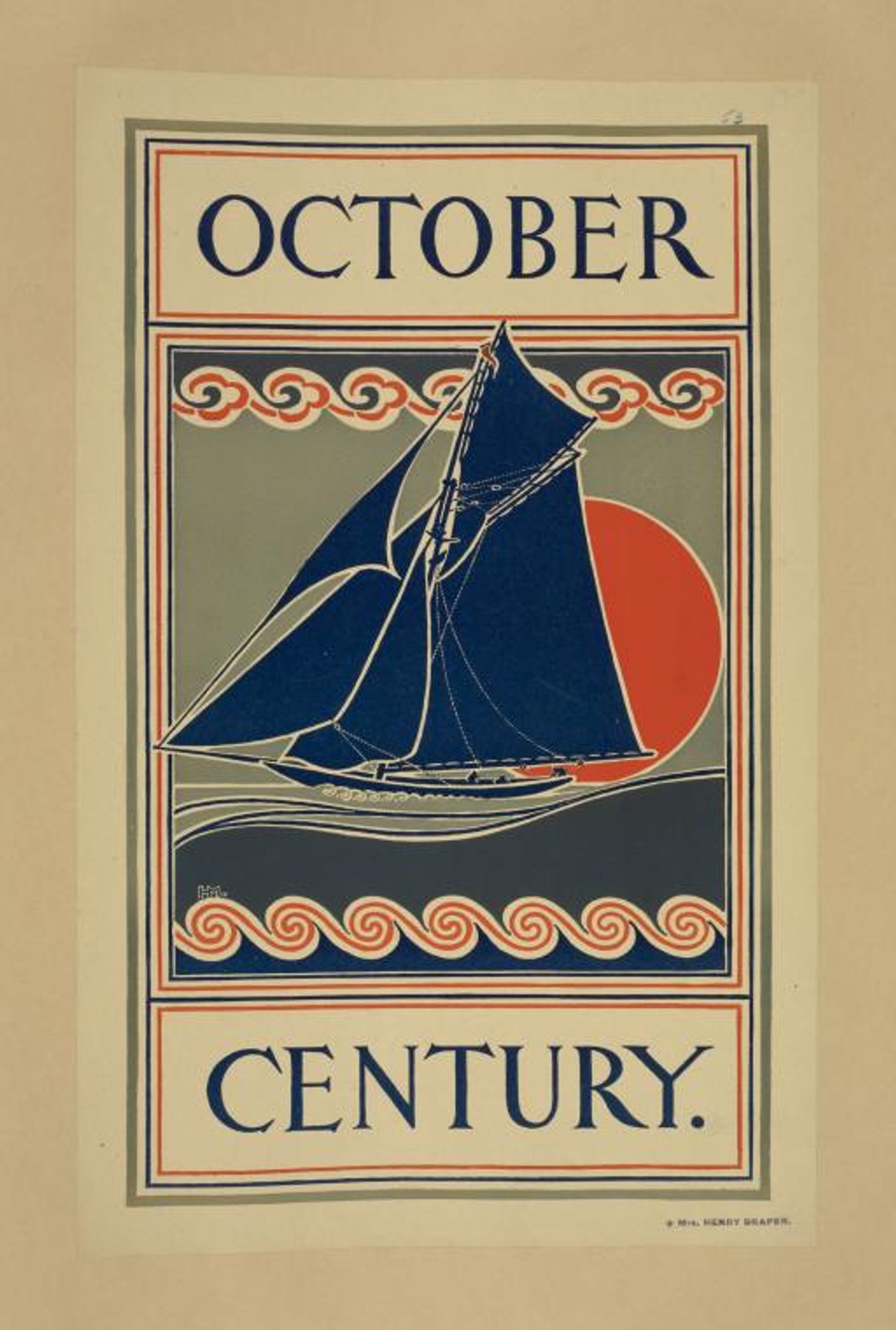 Magazine poster:

October Century.

A sailing ship in silhouette against a red setting sun, on stylized waves. Above, stylized clouds.