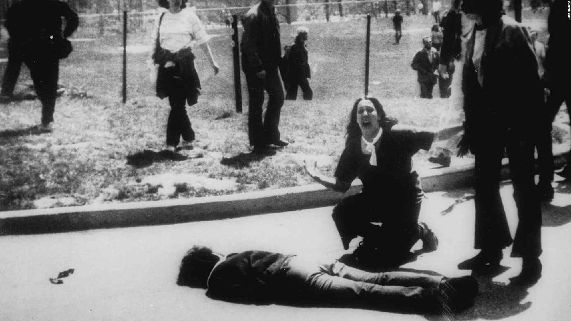 John Filo's Pulitzer Prize-winning photograph of Mary Ann Vecchio kneeling over the dead body of Jeffrey Miller minutes after the unarmed student was fatally shot by an Ohio National Guardsman