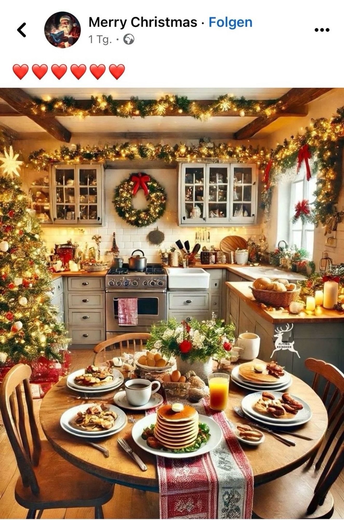 A Christmas kitchen scene made by a computer program trained from the likely copyrighted works of others with no credit given. This is a kitchen scen, but looking closer, lines don’t meet up, spokes in chairs are missing continuity and the right corner next to a sink has geometry like an MC Escher drawing.