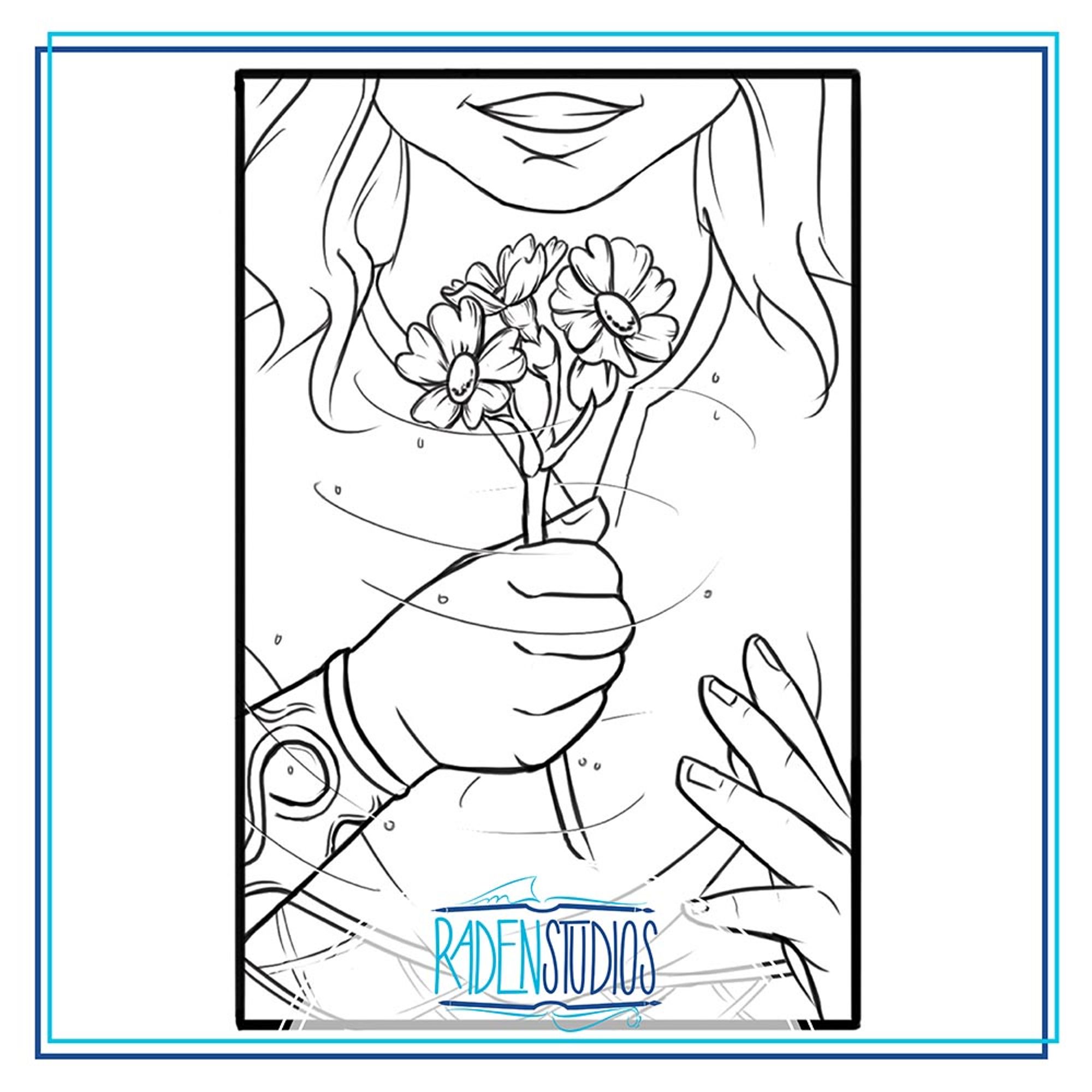 Single panel of a young girl holding a flower stem, magic swirling around her hand and the flowers.