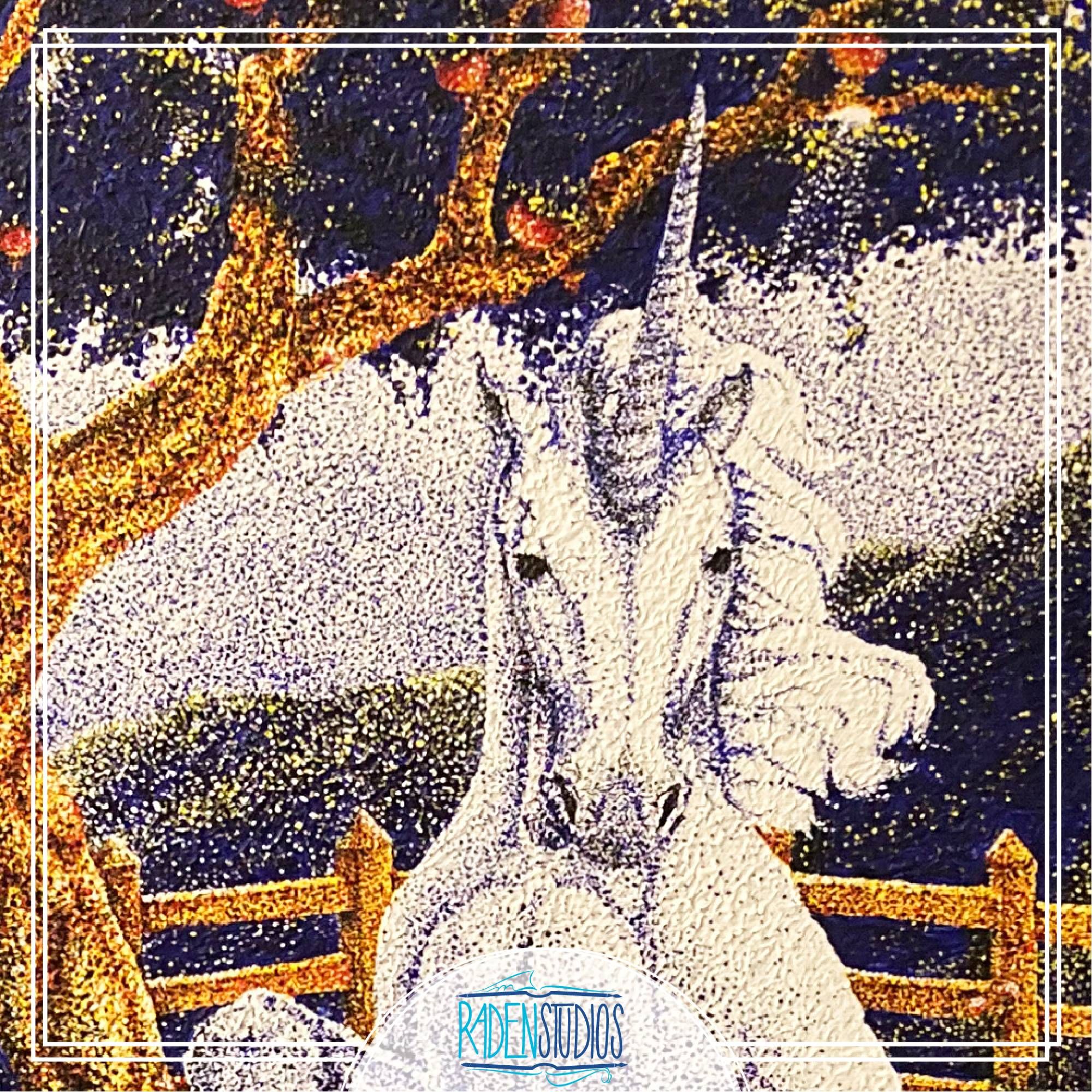 Close-up of part of my giant pointillism painting of a unicorn.