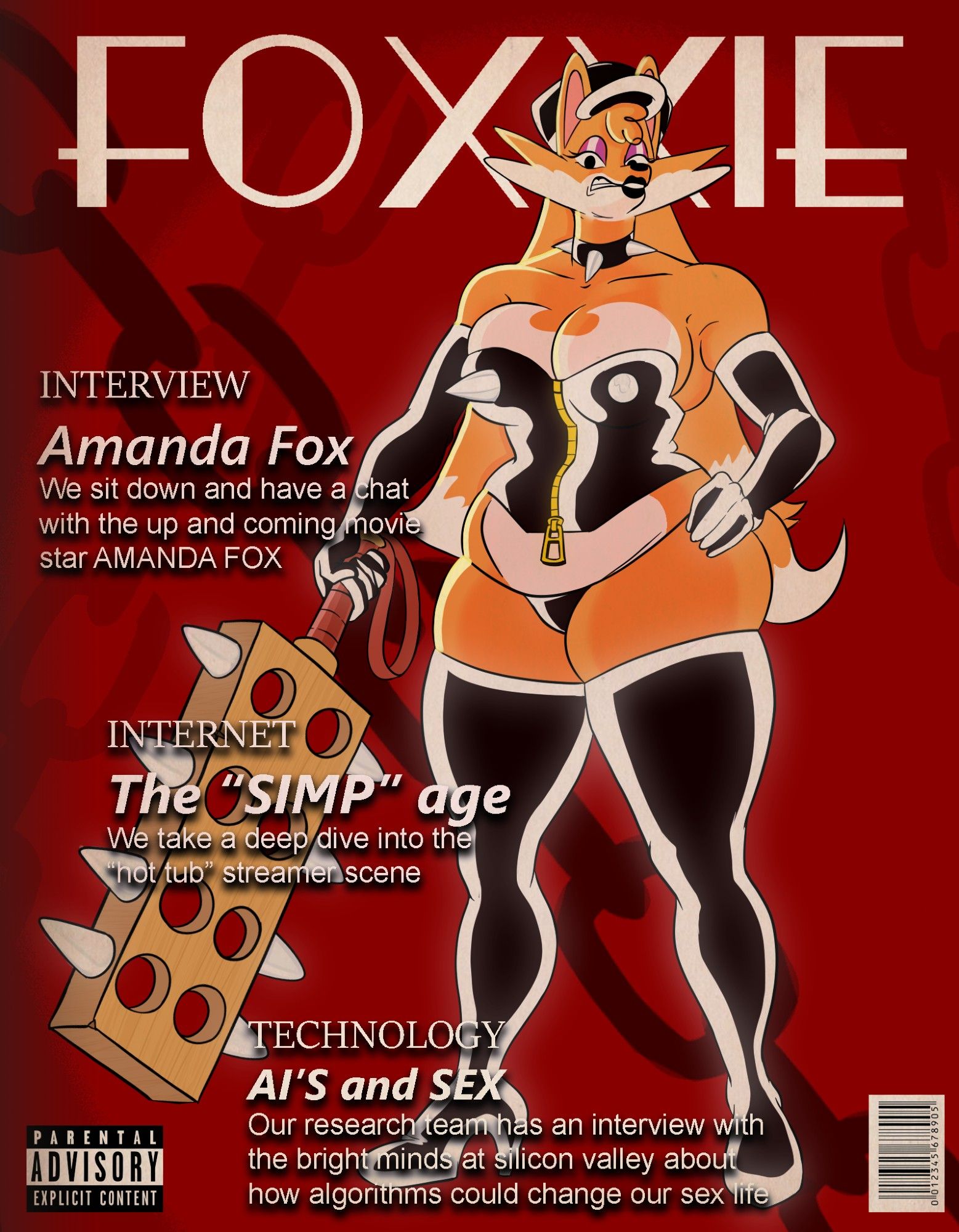 A fake magazine cover featuring Amanda Fox, a voluptuous vulpine dressed in latex holding a spiked paddle, heavy BDSM theme. The articles on the magazine are all spoofs on sex and internet/technology matters.