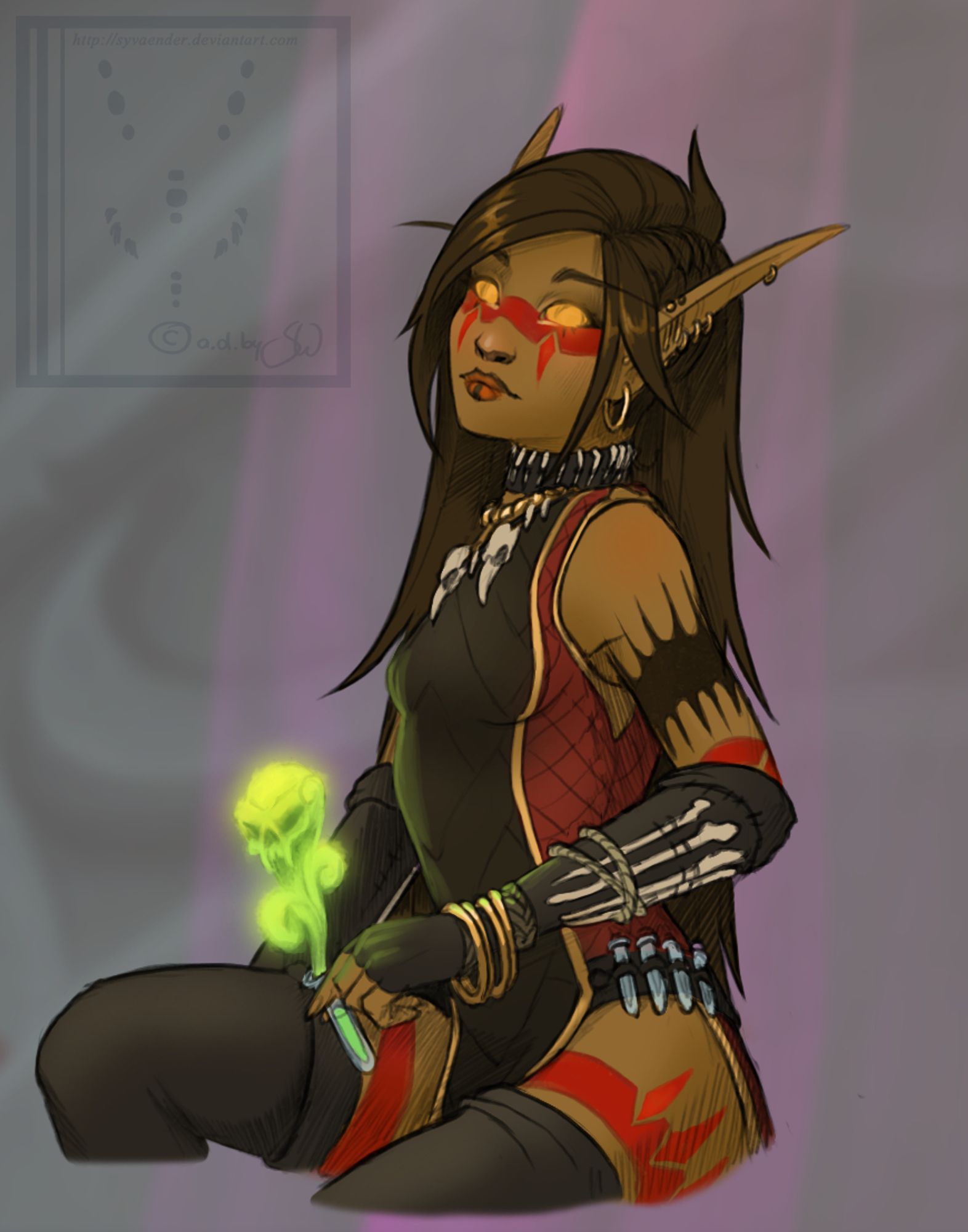 A n elf wearing tribal warpaint and lots of jewelery.