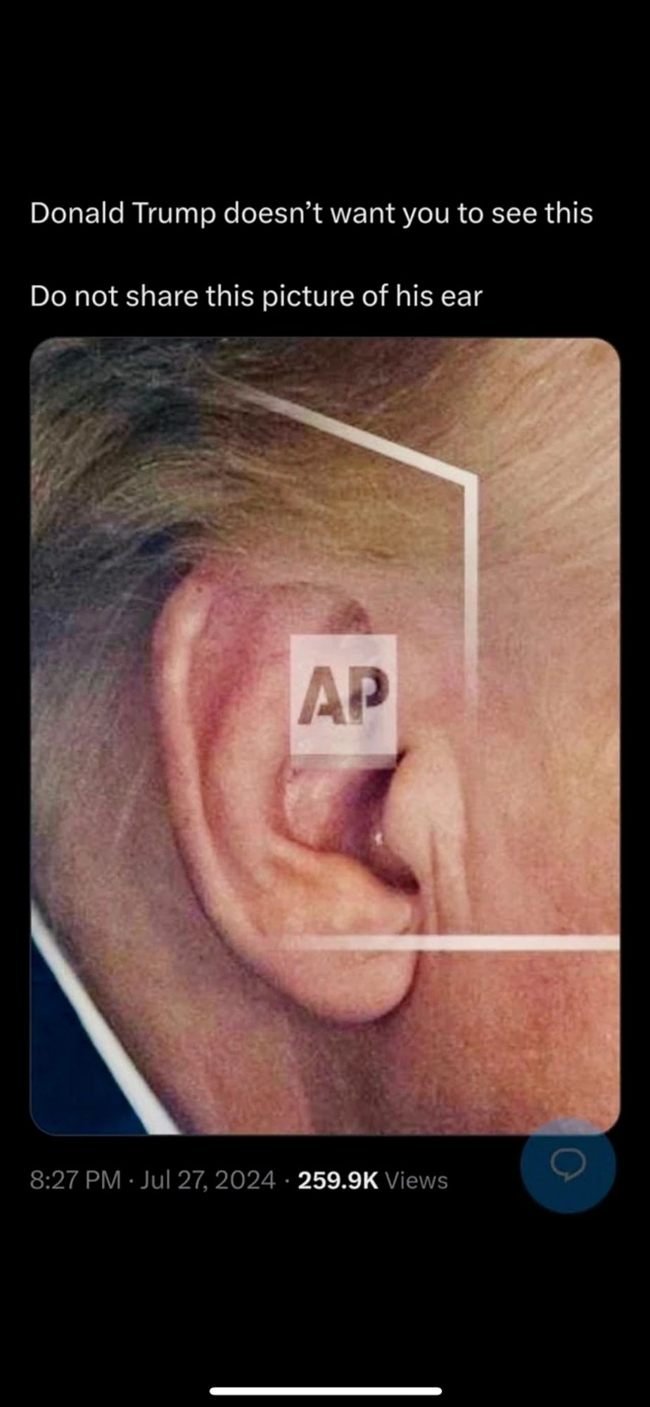 tweet of donald trump's ear with the text: "donald trump doesn't want you to see this. do not share this picture of his ear.