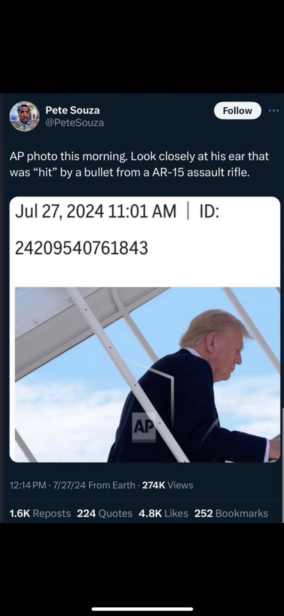 tweet from peter souza, former official white house photographer, showing a picture of the orange menace boarding a plane... the photo clearly shows their is no damage to his right ear which allegedly was struck from a projectile from an ar-15