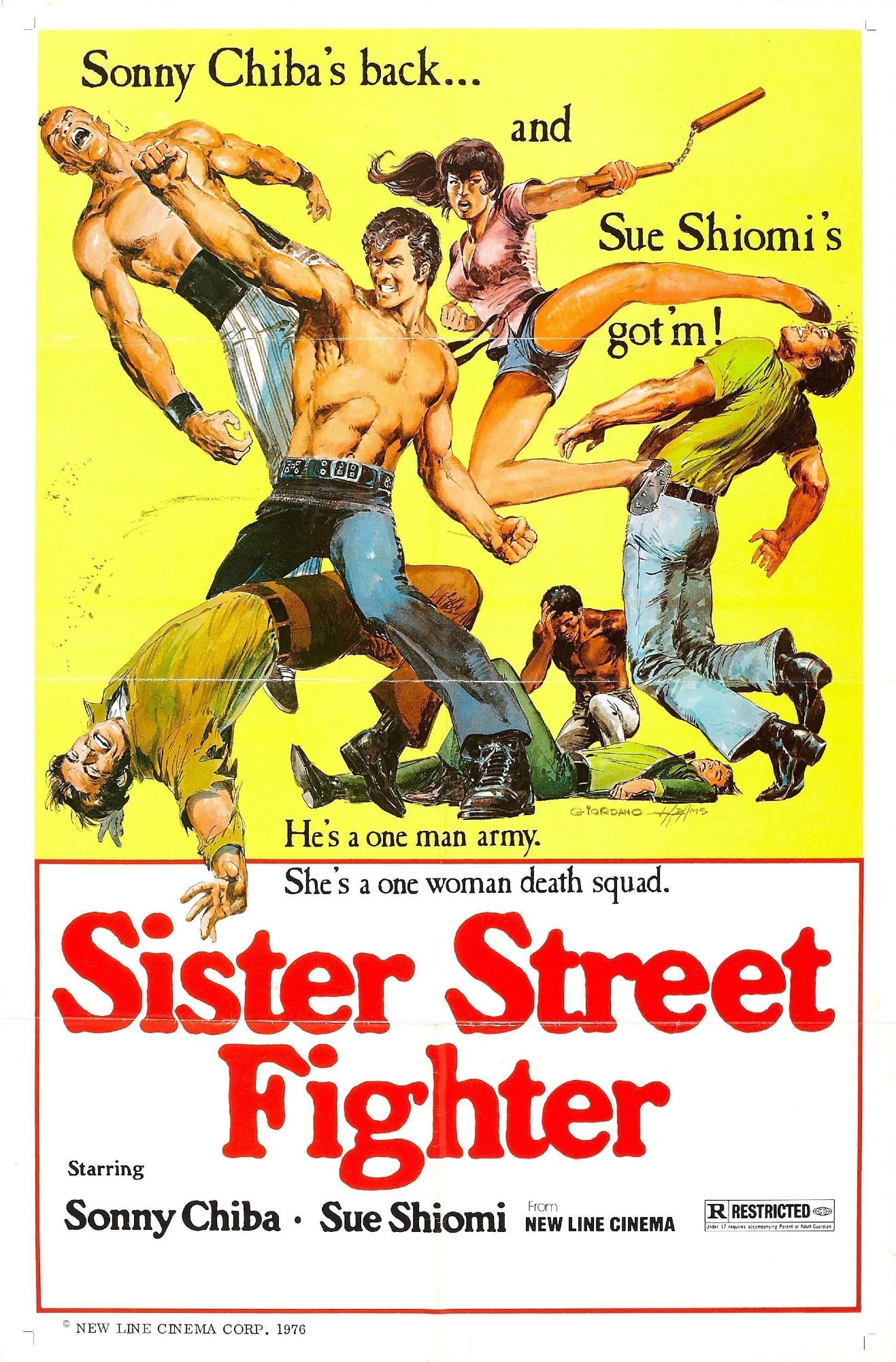 movie poster for the 1974 film sister street fighter. In the film, a fierce, female martial arts warrior enlists the aid of a master karate expert to rescue her kidnapped brother from a bloodthirsty drug lord.