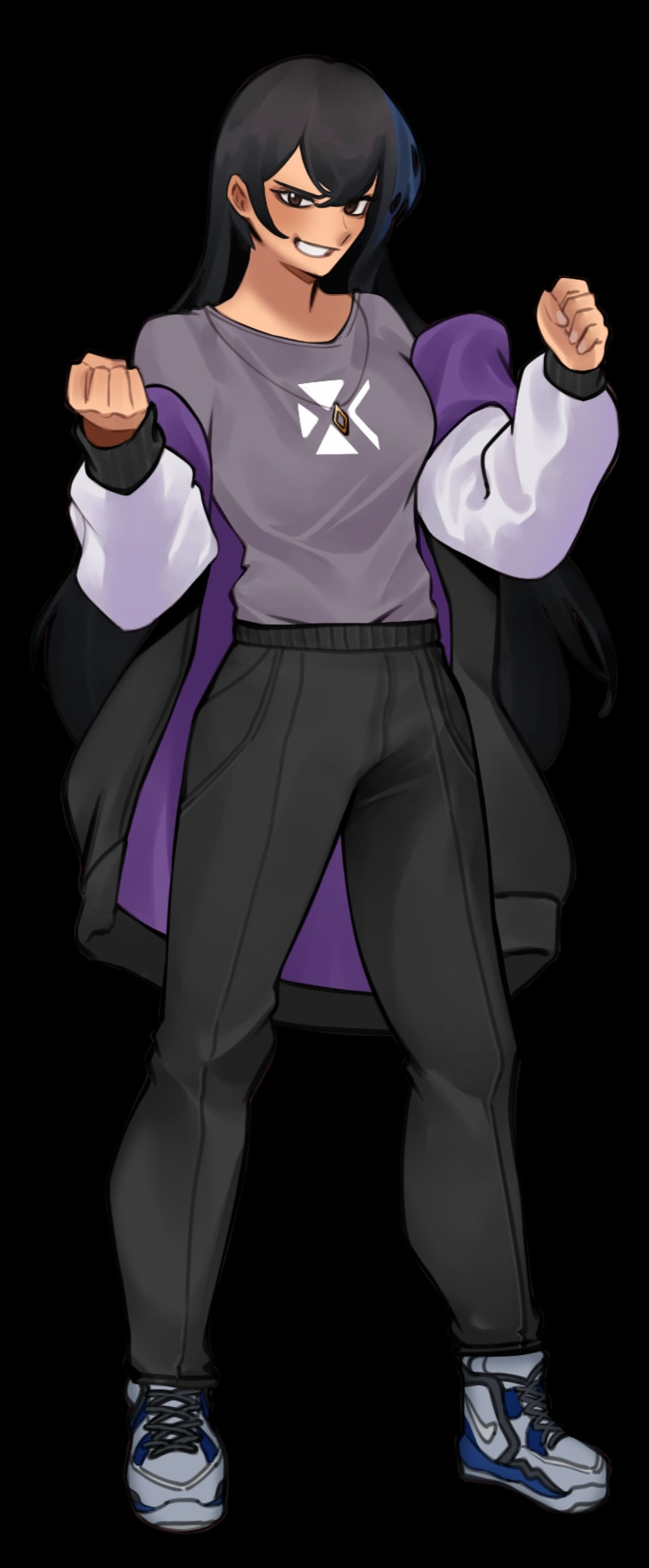 Josefina "Jo" Jones

She has long black hair with a blue highlight, a loose black jacket with purple insides, gray shirt with an X-like emblem, a necklace with a golden diamond shape at the end, some athletic pants and a pair of custom Nike Kyrie Infinity shoes.

#art #ocsky #oc #originalcharacter