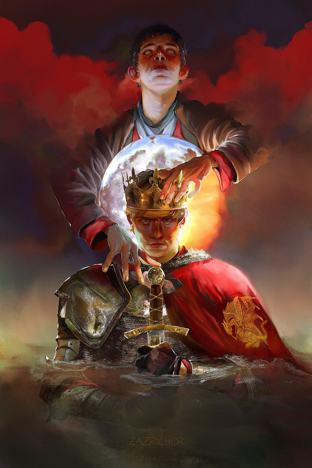 an illustration of Merlin and Arthur from BBC’s Merlin. 

Merlin is standing behind Arthur, putting the crown on his head with his left hand while his right touches Excalibur. He is looking skyward, with his eyes glowing golden. 

Arthur is looking stoutly at the viewer, with Excalibur in his grasp. He is holding it not at its heft but at its blade. He is wearing armor and cape with the Pendragon crest shining on his left shoulder. Water is enclosing him up to his chest, foreshadowing his fate. 

Between Merlin and Arthur is a globe that is part moon and part sun. The background is made of blood red clouds.