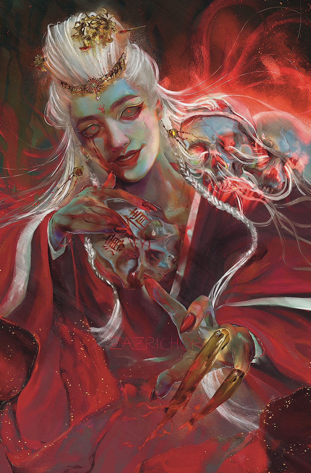 a painting of luo fumeng from the chinese drama word of honor. She’s smiling ominously at the viewer, with her claws outstretched. There are two skulls on her shoulder while she’s holding on to a third that is marked as unfaithful. The illustration was done for the wonderful ghostvalleyzine.