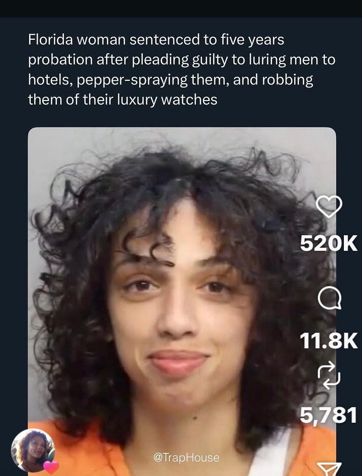 a light lady in prison orange -

florida woman sentenced to five years probation after pleading guilty to luring men to hotels, pepper-spraying them, and robbing them of their luxury watches

