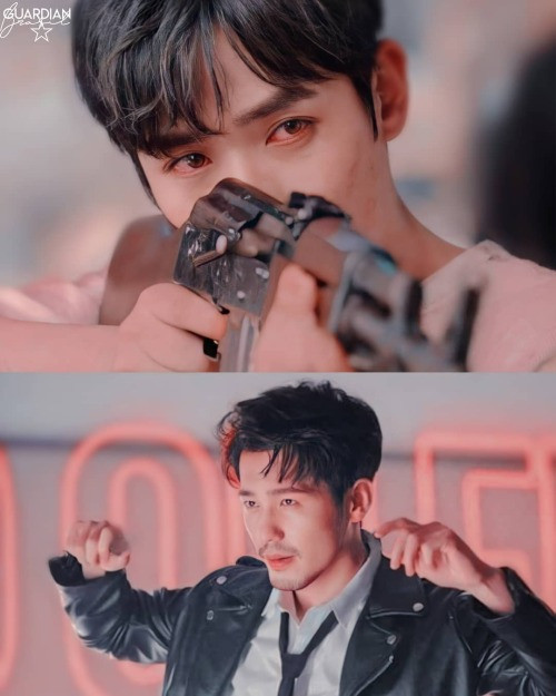 Zhu Yilong sighting down the scope of a rifle. His eyes are red like he's been crying. In the photo underneath, Bai Yu's hands are half-raised. He's wearing a leather jacket and a look of sad resignation.