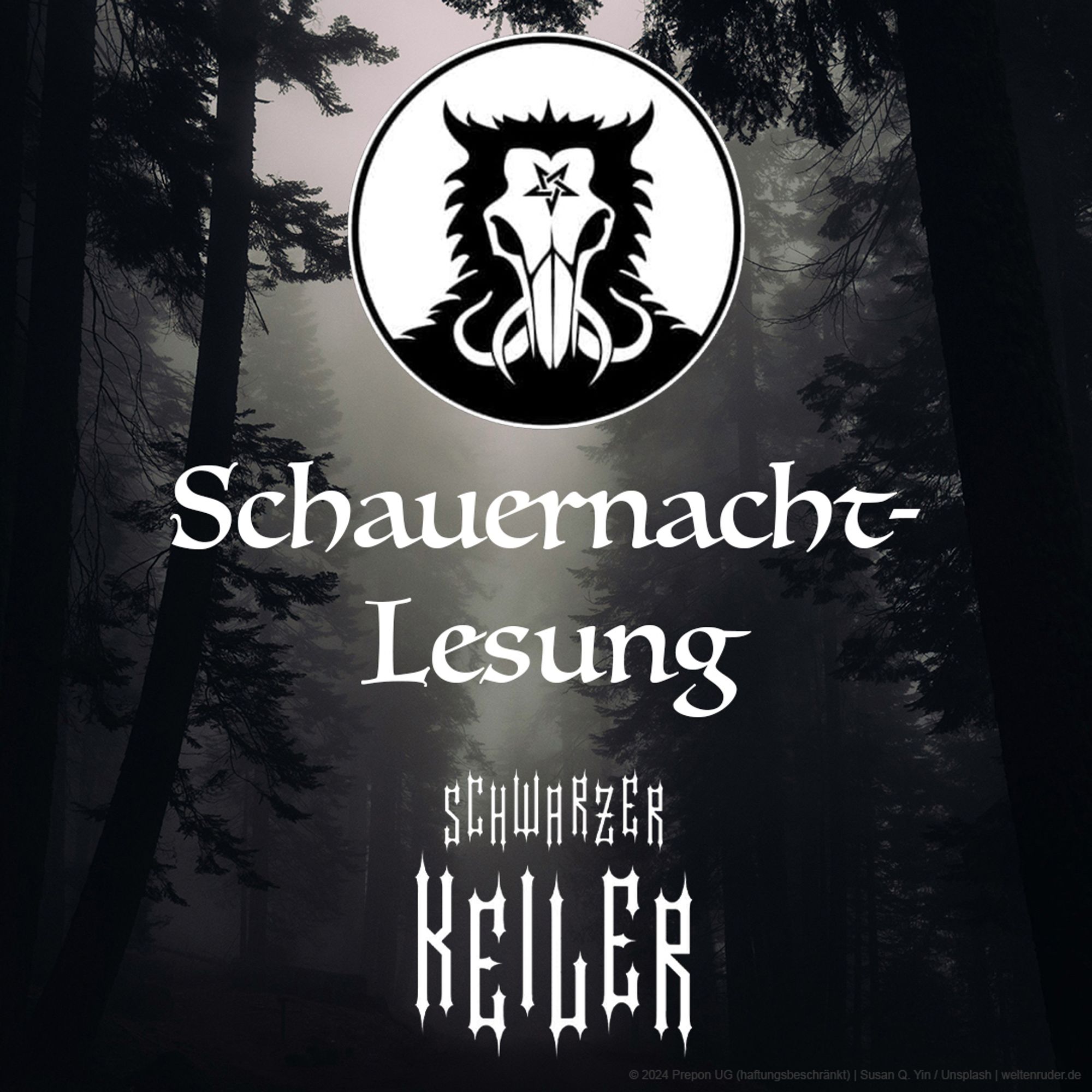 Das Logo des „Schwarzen Keilers“ zeigt den Schädel eines Keilers umgeben von Fell. In der Mitte steht „Schauernacht-Lesung“, und unten ist der Schriftzug des „Schwarzen Keilers“.