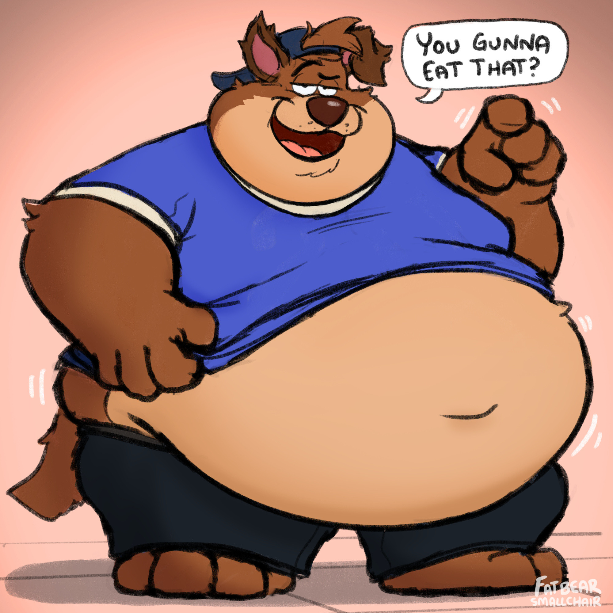 a fat furry dog character asking if you're going to eat that? are you?