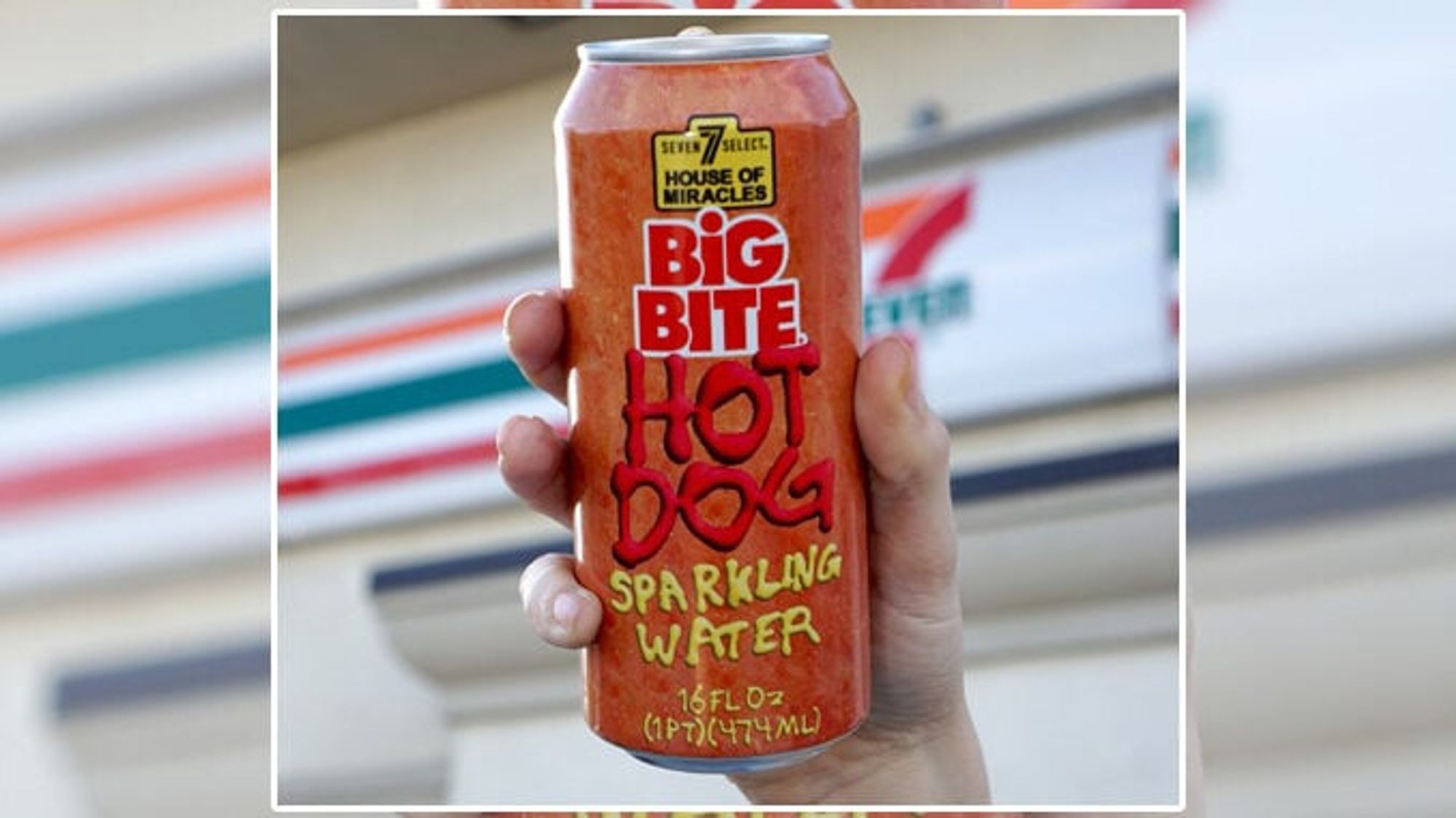 A can of Big Bite Hot Dog Sparkling Water