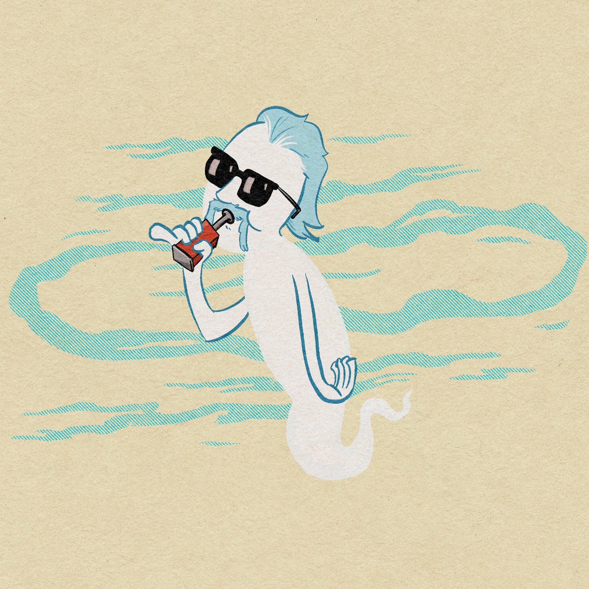 A mustachioed ghost, wearing sunglasses and sucking on a vaping device, surrounded by fat clouds