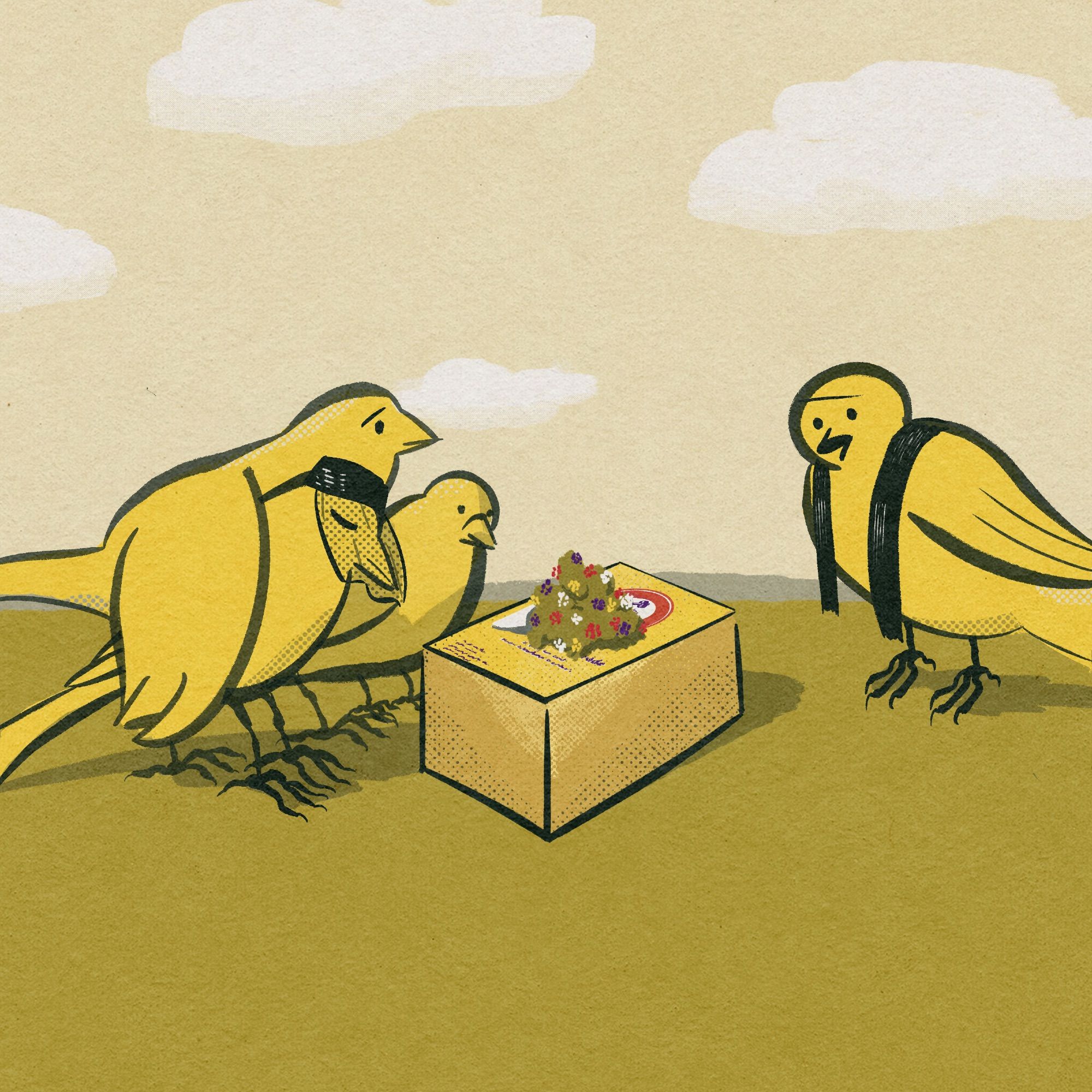 A bird funeral. A group of three canaries (one is wearing a black veil and being comforted by another) listening mournfully while a clergybird gives a blessing over a basking soda box with a bouquet lays over it