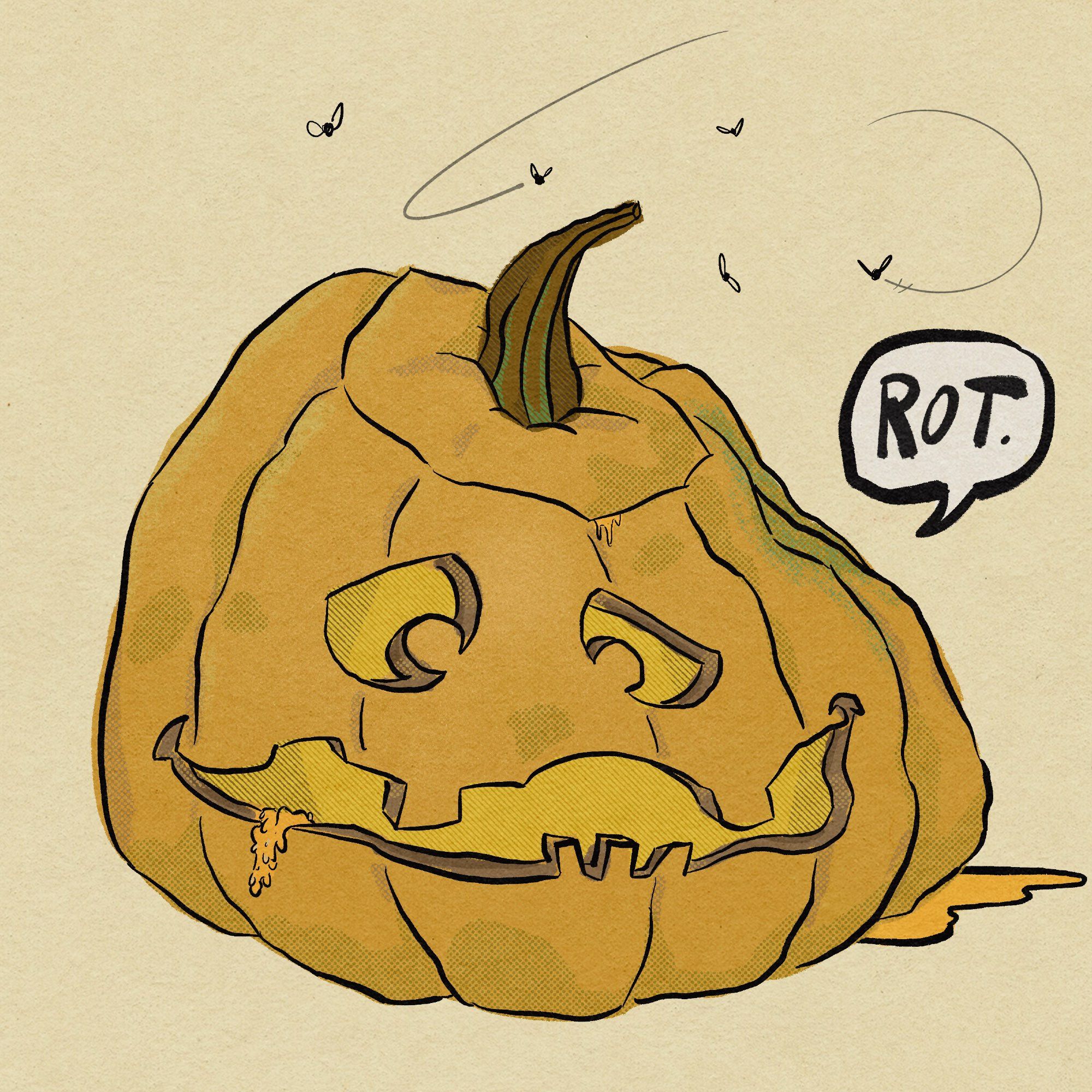 A sketch of a rotting jack-o’-lantern, partially caved in, seeping juices and attracting flies. Its carved expression appears to once have been a cheerful goofy smile, but has grown more sadly ambivalent.