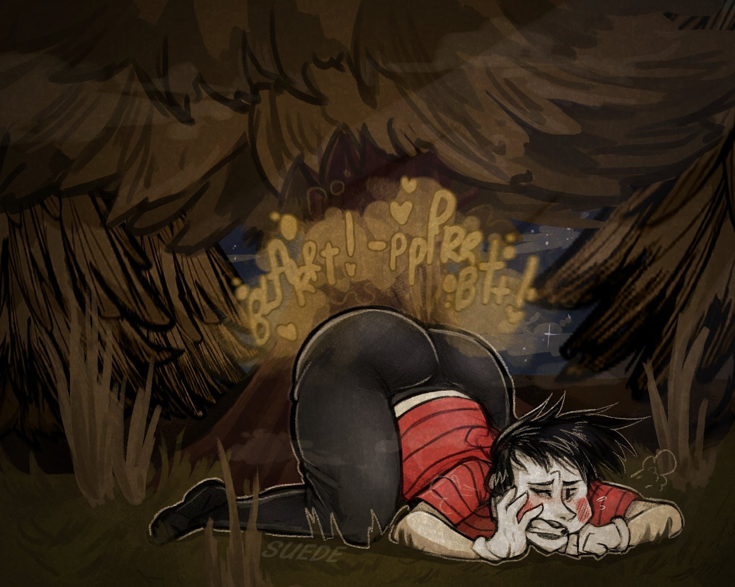 Eproctophilic fetish art of Wes from Don't Starve. He's posed with his torso on the ground and ass pressed up onto a pine tree, releasing a wet, bubbly fart into it, in an attempt to muffle the noise. He has a strained and embarrassed look on his face, blushing and clearly trying not to moan in relief. He holds his face as if he's worried someone might be watching him in a vouyeristic manner.