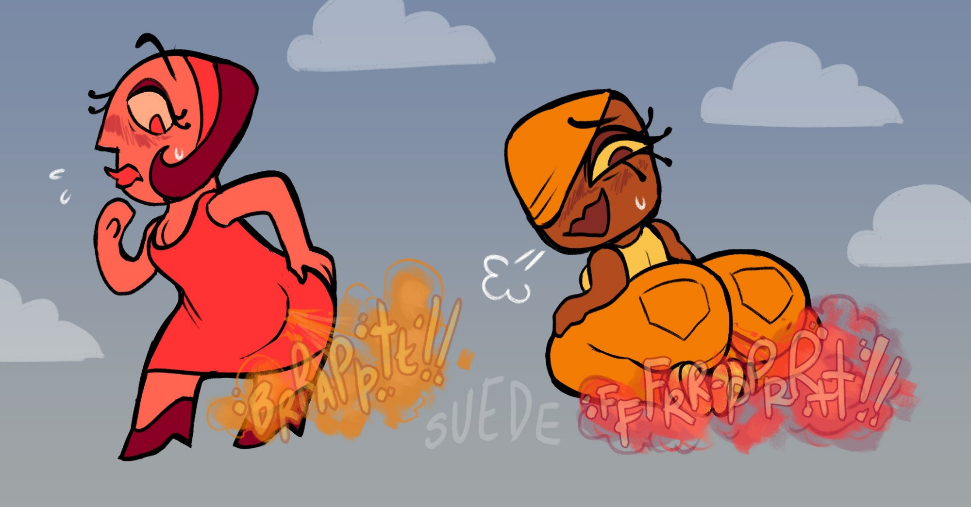 Eproctophillic art of Red Roomie and Orange Roomie from the Jackbox Game, Roomerang. Red Roomie seems surprised and embarrased to be releasing such audible gas, but Orange Roomie seems to be enjoying herself by squatting so that she can let out more powerful braps.