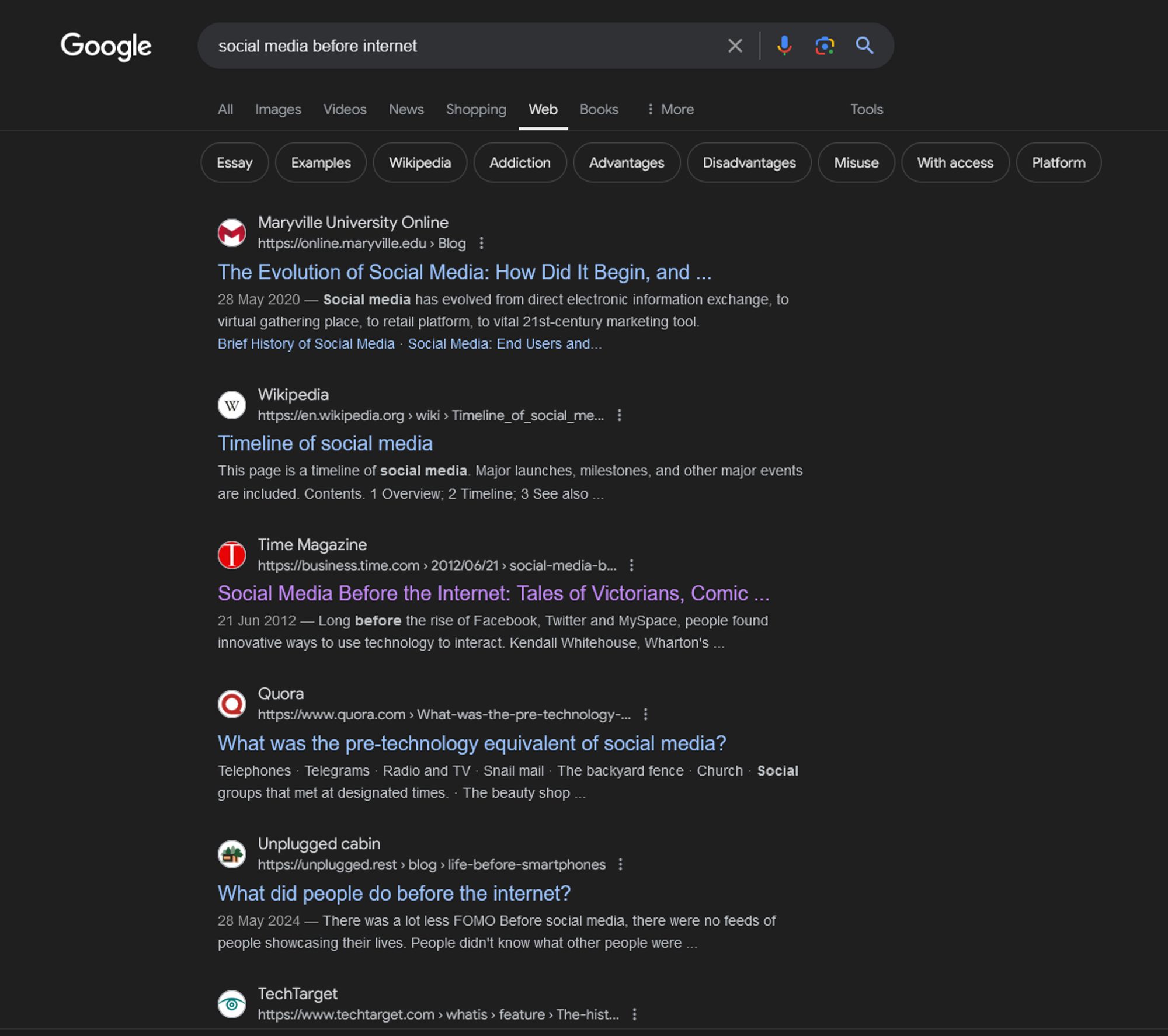 same search on google, the "web" tab is selected which gets rid of AI summaries and other features, showing only web site results. notably less relevant results, they are:
the evolution of social media (online.maryville.edu)
timeline of social media (wikipedia.org)
social media before the internet (business.time.com)
what was the pre-technology equivalent of social media (quora)
what did people do before the internet? (unplugged.rest)
the history and evolution of social media explained (techtarget.com)