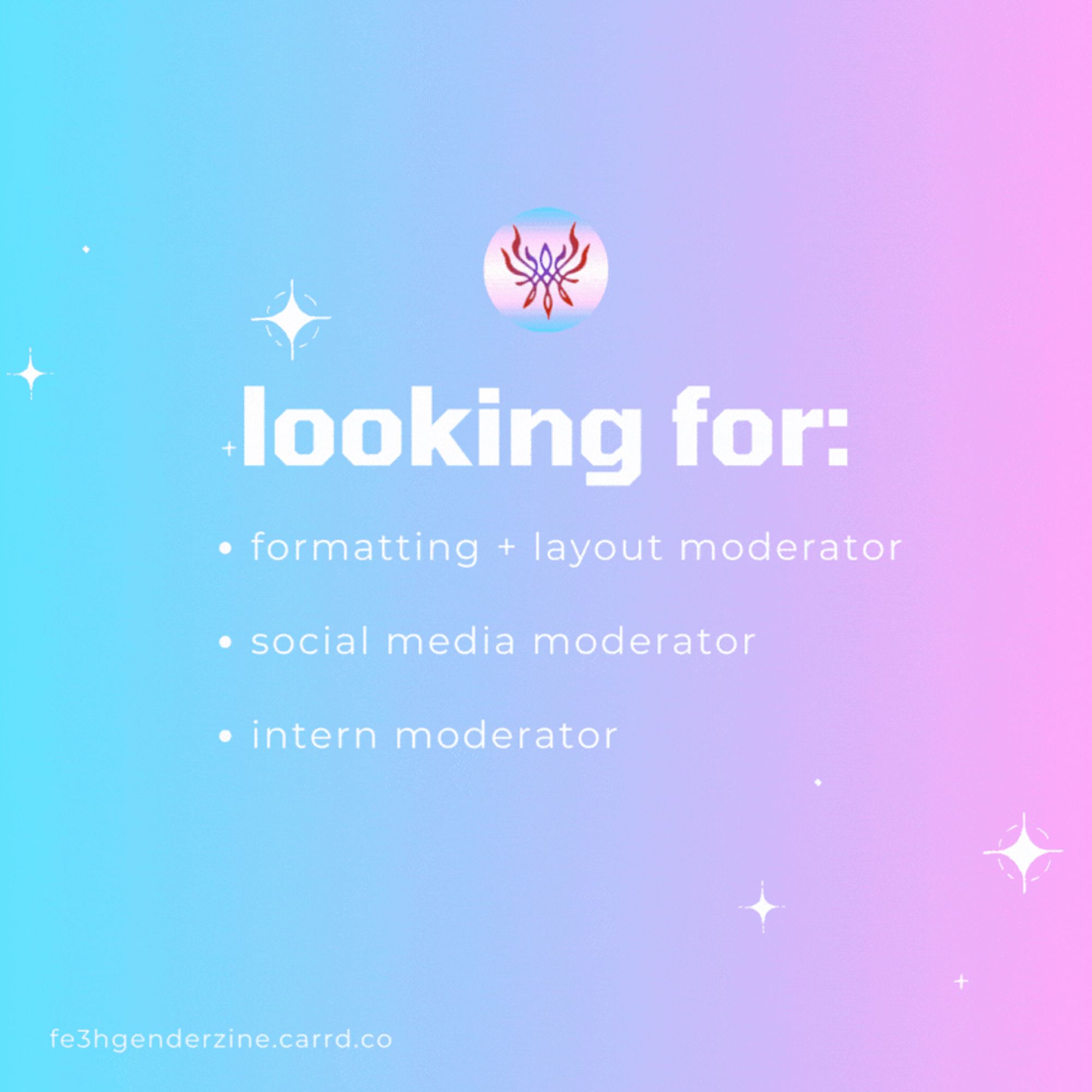 Looking for: 
- formatting + layout mod
- social media mod
- intern mod