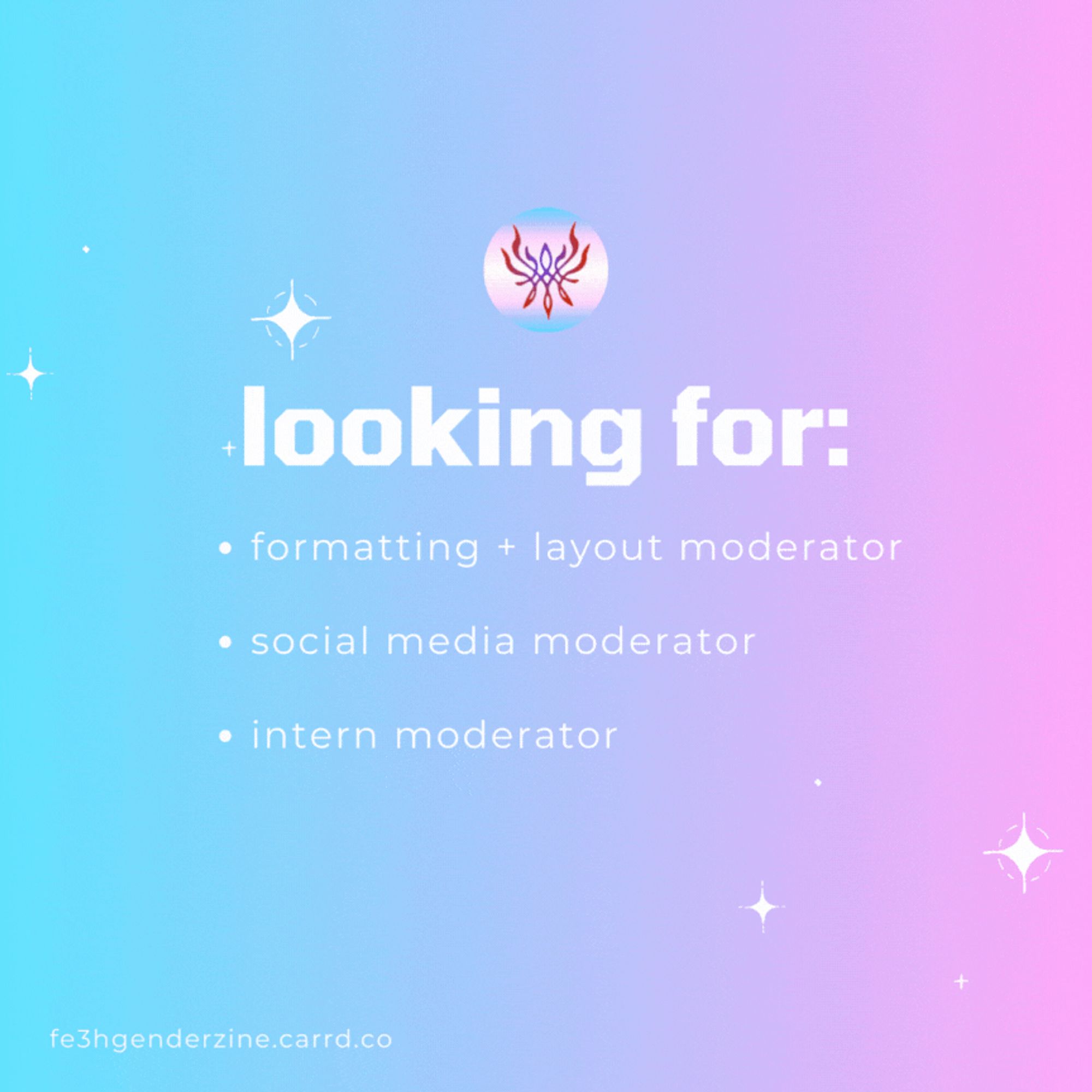 Looking for: - formatting + layout mod - social media mod - intern mod